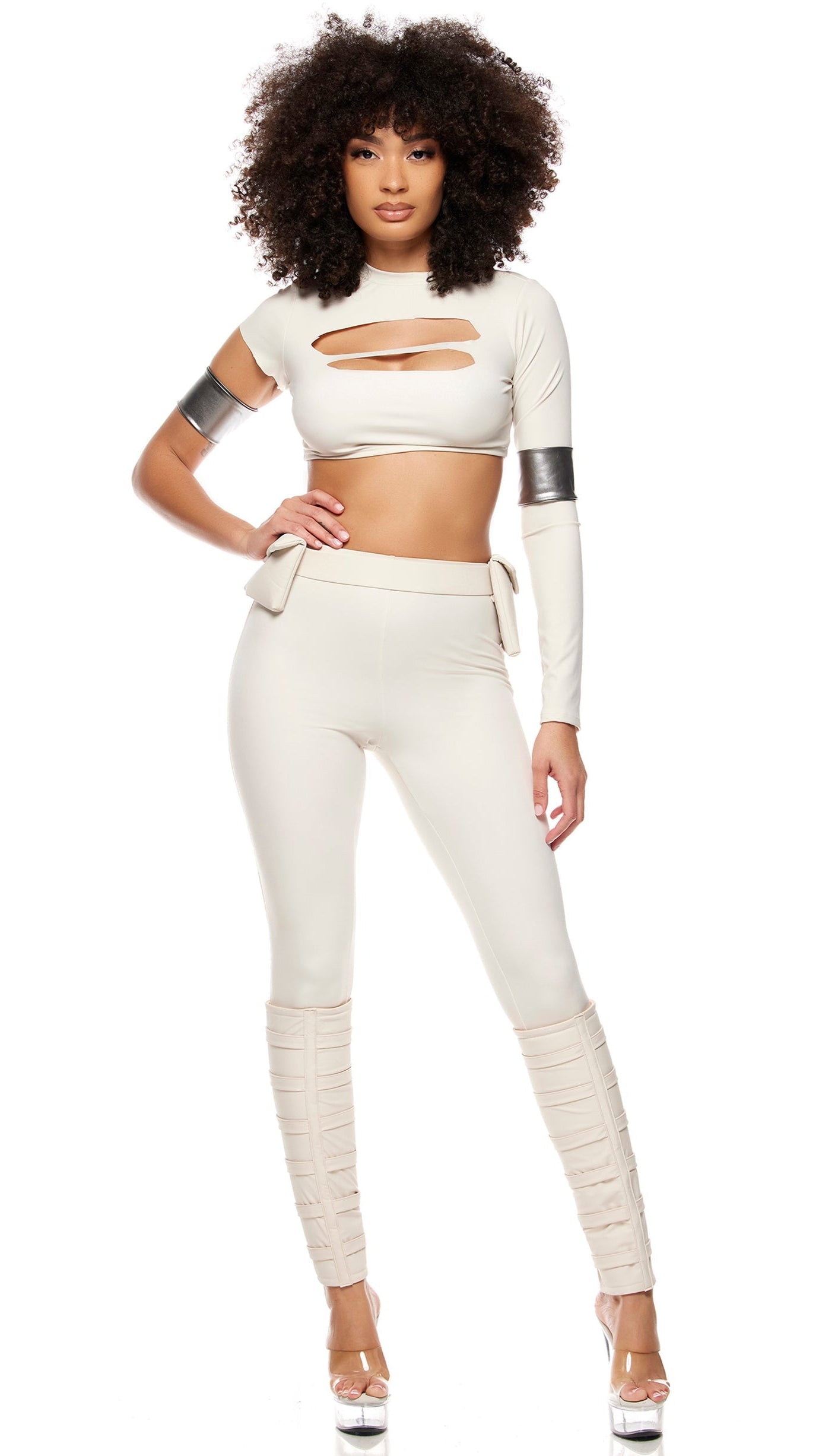 Close-up of Galactic Senator Movie Character Costume, showcasing a cutout crop top, matching leggings, utility belt, arm bands, and padded calf covers.