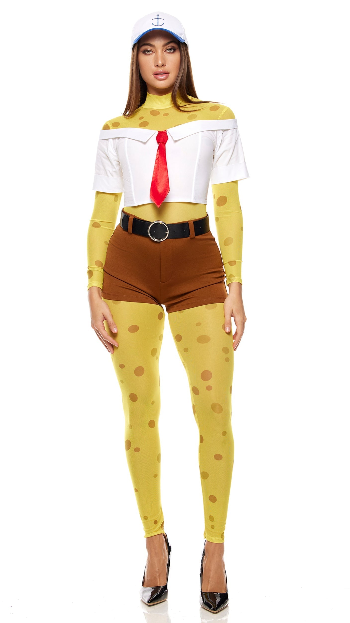 Secret Formula Cartoon Costume featuring a mockneck bodysuit, poplin top with attached necktie, shorts, and high heels, highlighting the playful character ensemble.