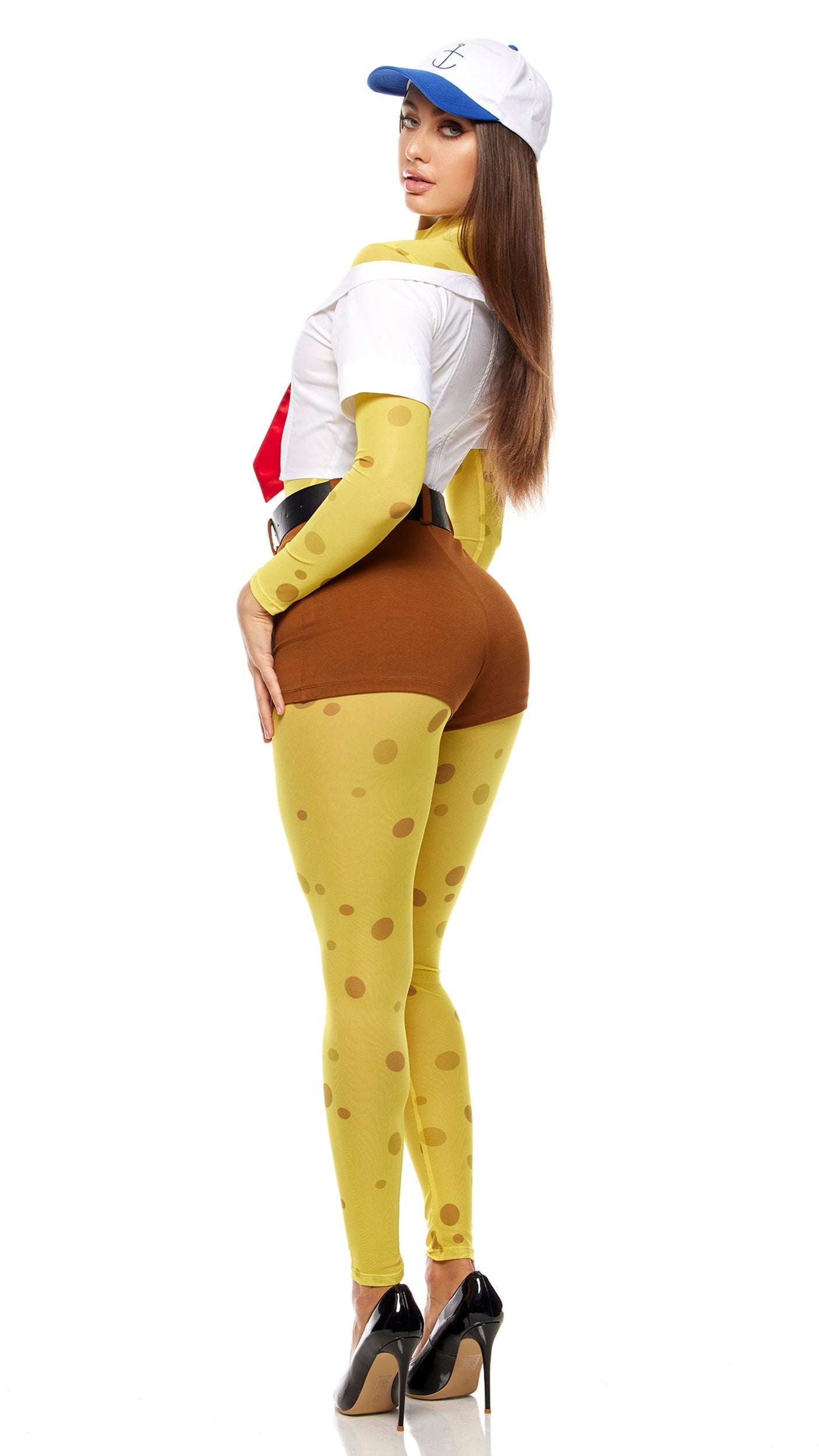 Woman wearing the Secret Formula Cartoon Costume, featuring a sheer mesh bodysuit, matching leggings, off-shoulder top, shorts, belt, and anchor-embroidered hat.