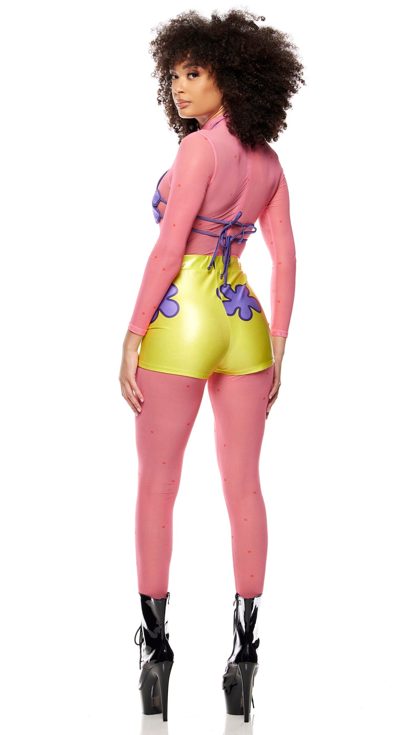 Bikini Bottom Cartoon Character Costume featuring a sheer mesh bodysuit, matching leggings, floral tie top, and shorts, complemented by black boots.