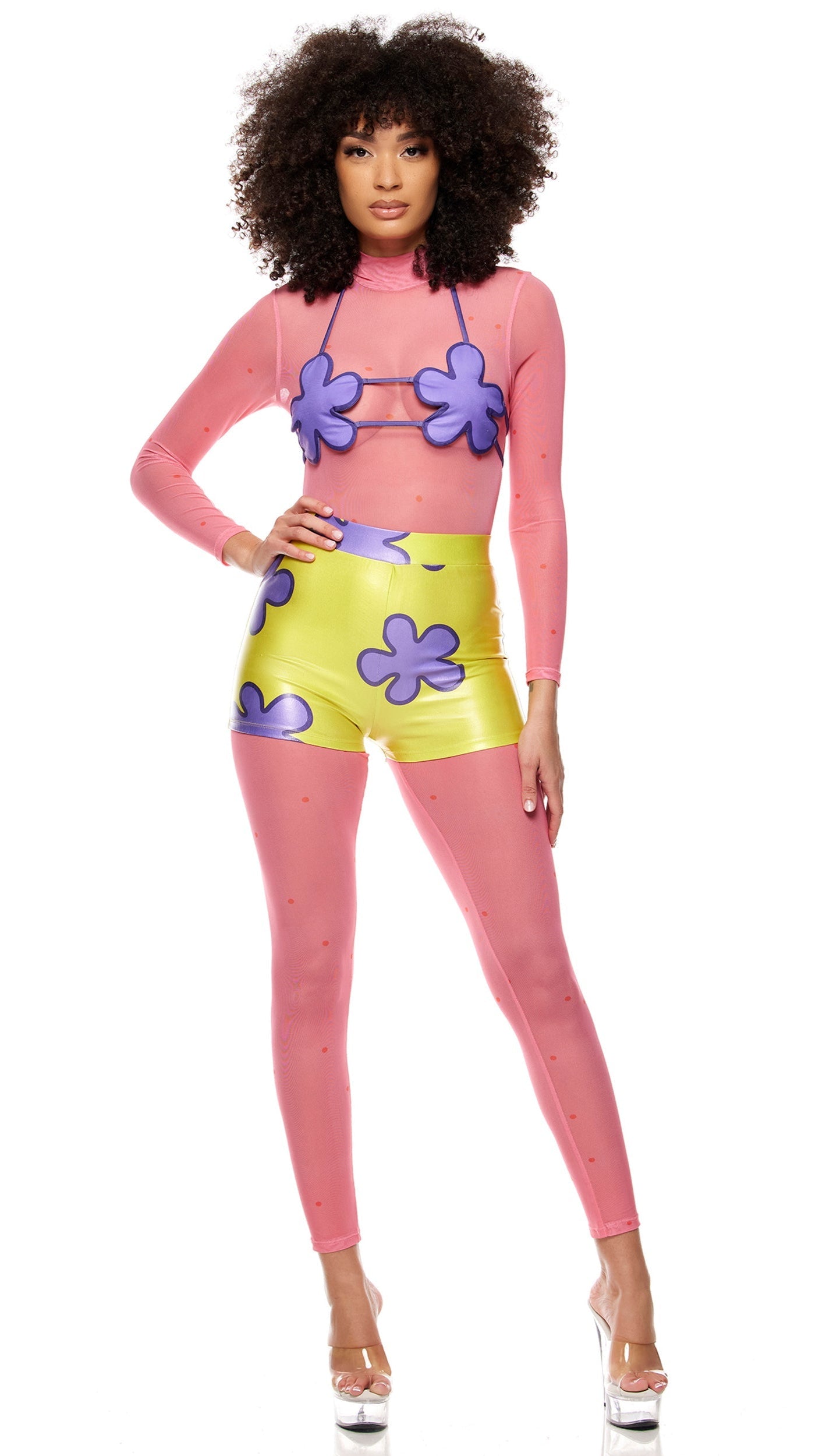 Woman wearing Bikini Bottom Cartoon Character Costume, showcasing sheer mesh bodysuit with matching leggings, floral tie top, and floral print shorts.