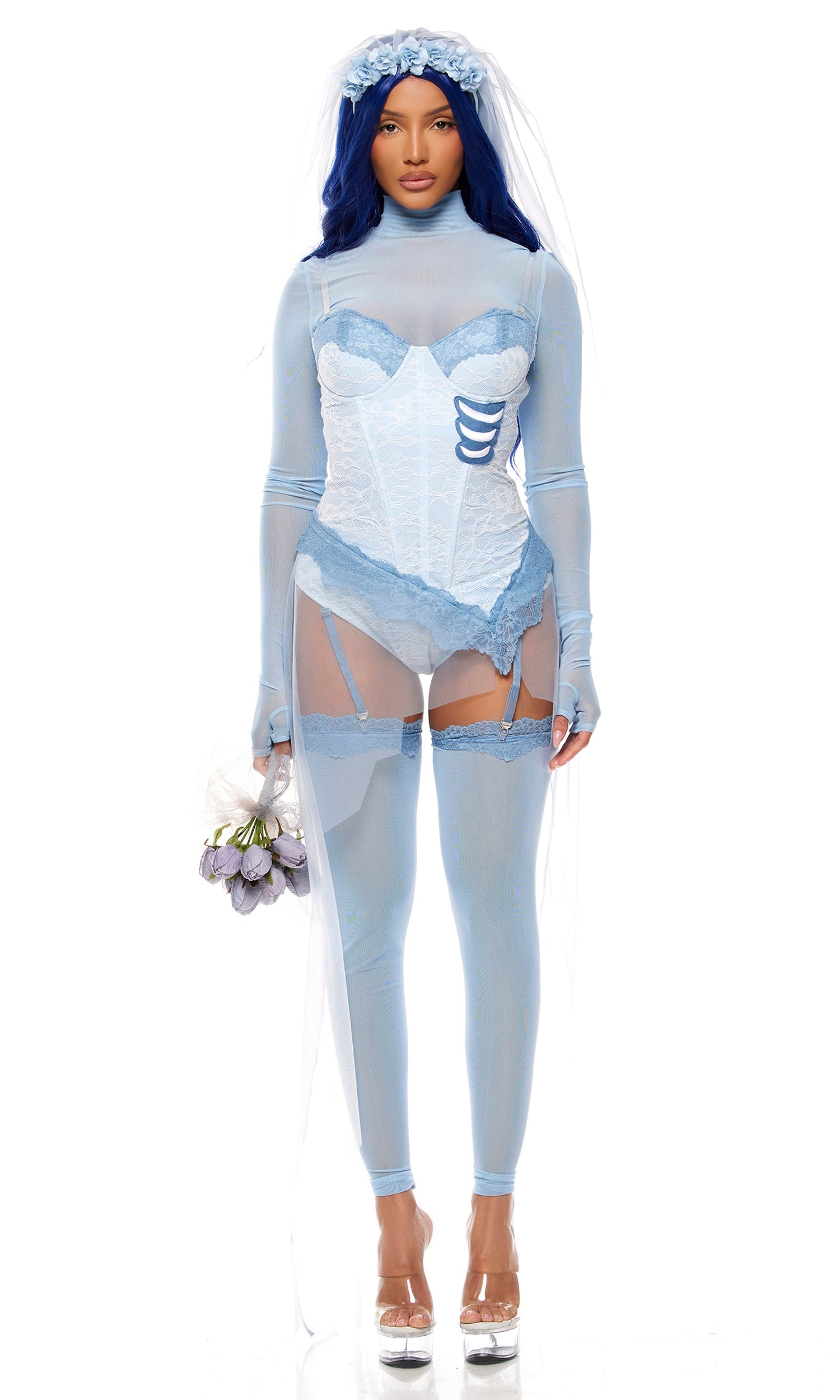Always a Bridesmaid Movie Character Costume featuring a corset dress with lace, sheer mesh top, leg accessories, floral veil, and embroidered rib cage patch.