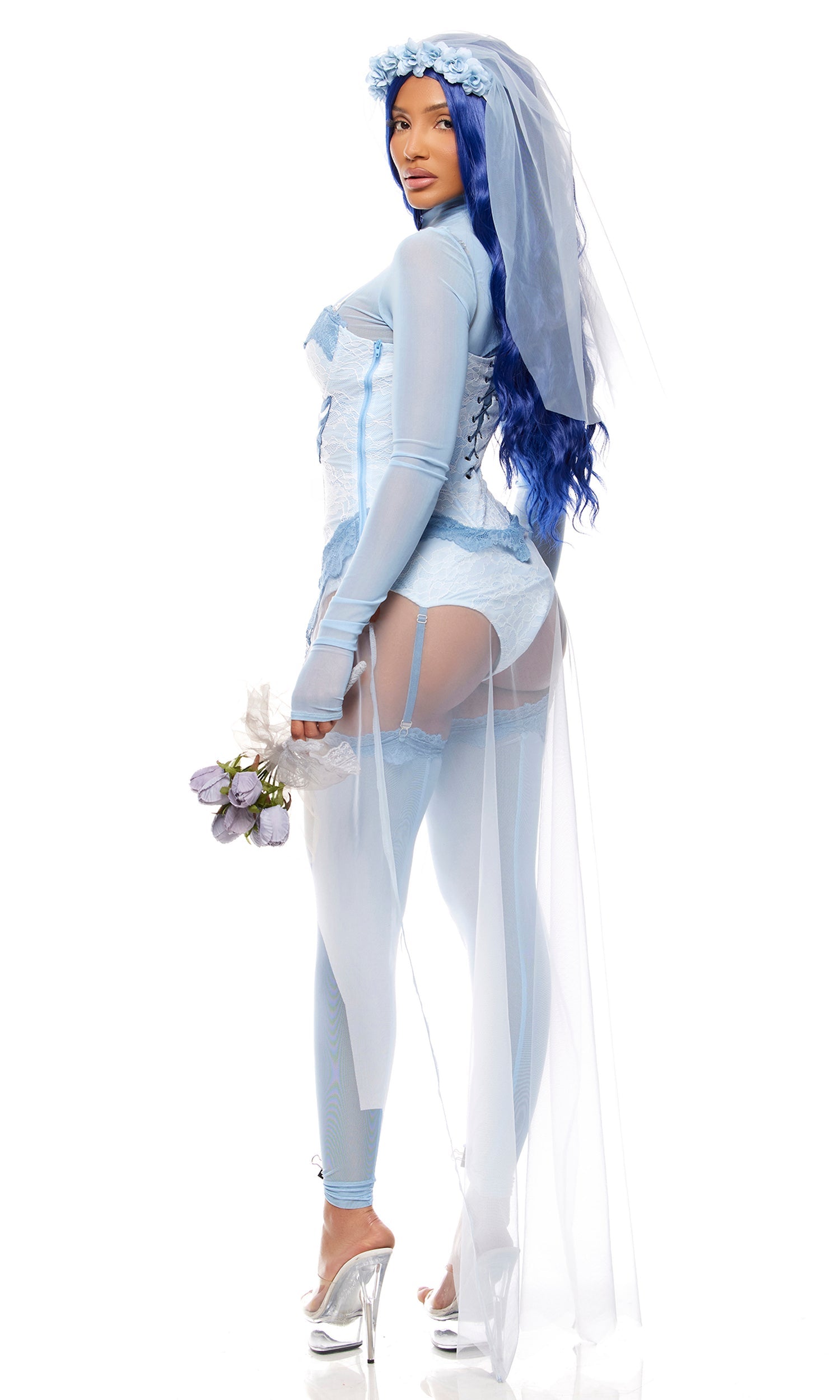 Always a Bridesmaid Movie Character Costume featuring a corset dress with lace, sheer mesh top, garters, leg accessories, and a floral veil, held by a person.