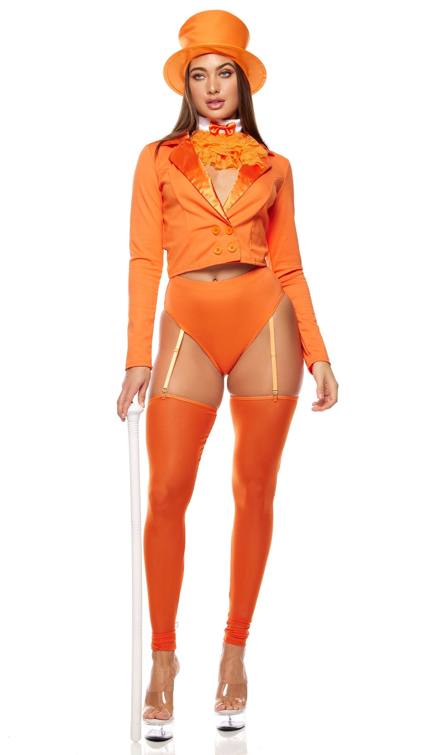 Woman modeling Dumb Movie Character Costume featuring cropped blazer, panty with garters, sheer leg accessories, and top hat headband, emphasizing fashion and character appeal.