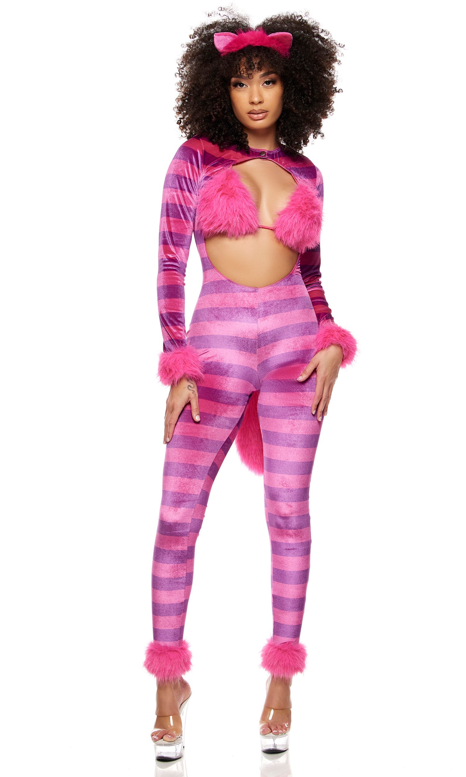 Whisker Wonderland Movie Character Costume showcasing a faux fur triangle tie top, striped velvet jumpsuit with fur hem, and cat ear headband.