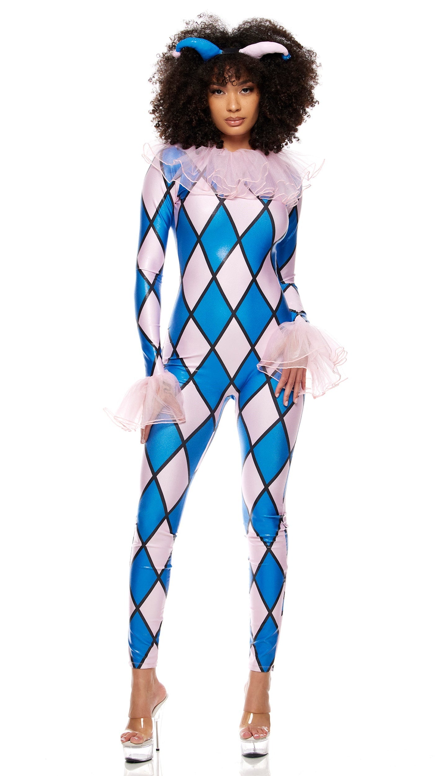 Woman wearing the Take a Jest Clown Costume, featuring a zip-back diamond print jumpsuit with ruffle trim and jester headband.