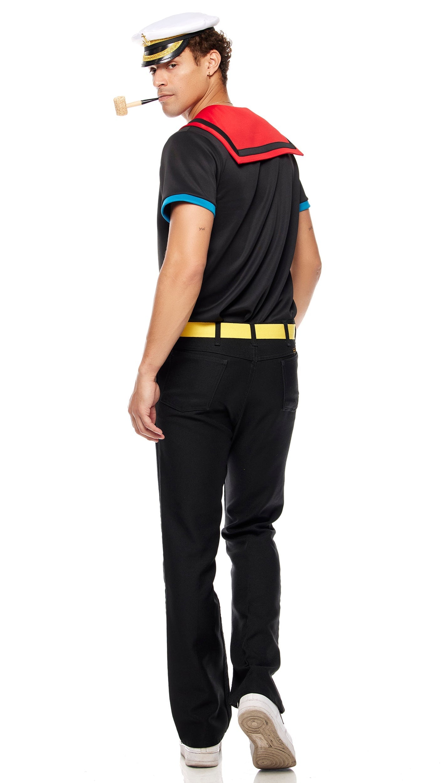 The Sailor Man Men's Cartoon Character Costume features a close-up of a sailor hat, cork pipe, and a man wearing the costume.