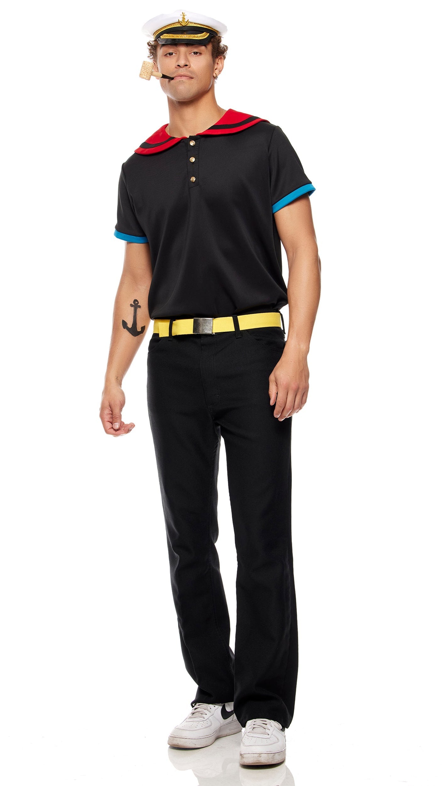 The Sailor Man Men's Cartoon Character Costume featuring a sailor hat, short sleeve polo with sailor collar, belt, and accompanying accessories.