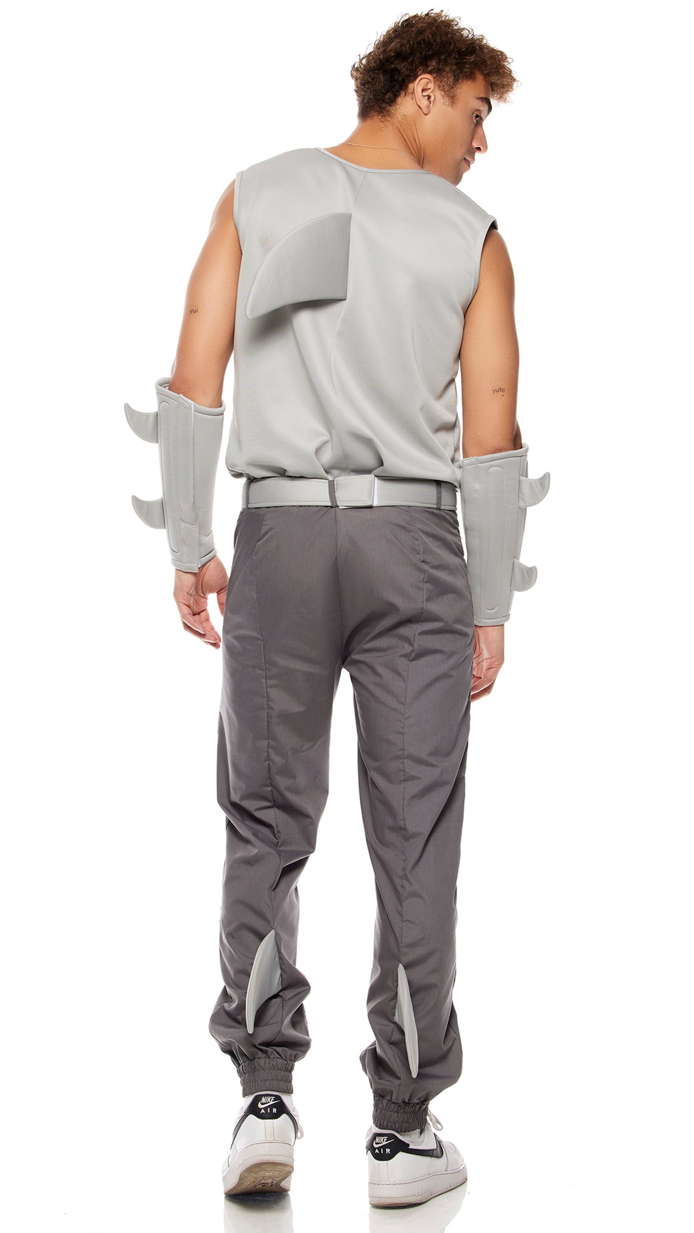 Shark Frenzy Movie Character Costume featuring a sleeveless tank with 3D shark mouth design, shark fin, matching joggers, and padded arm accessories.