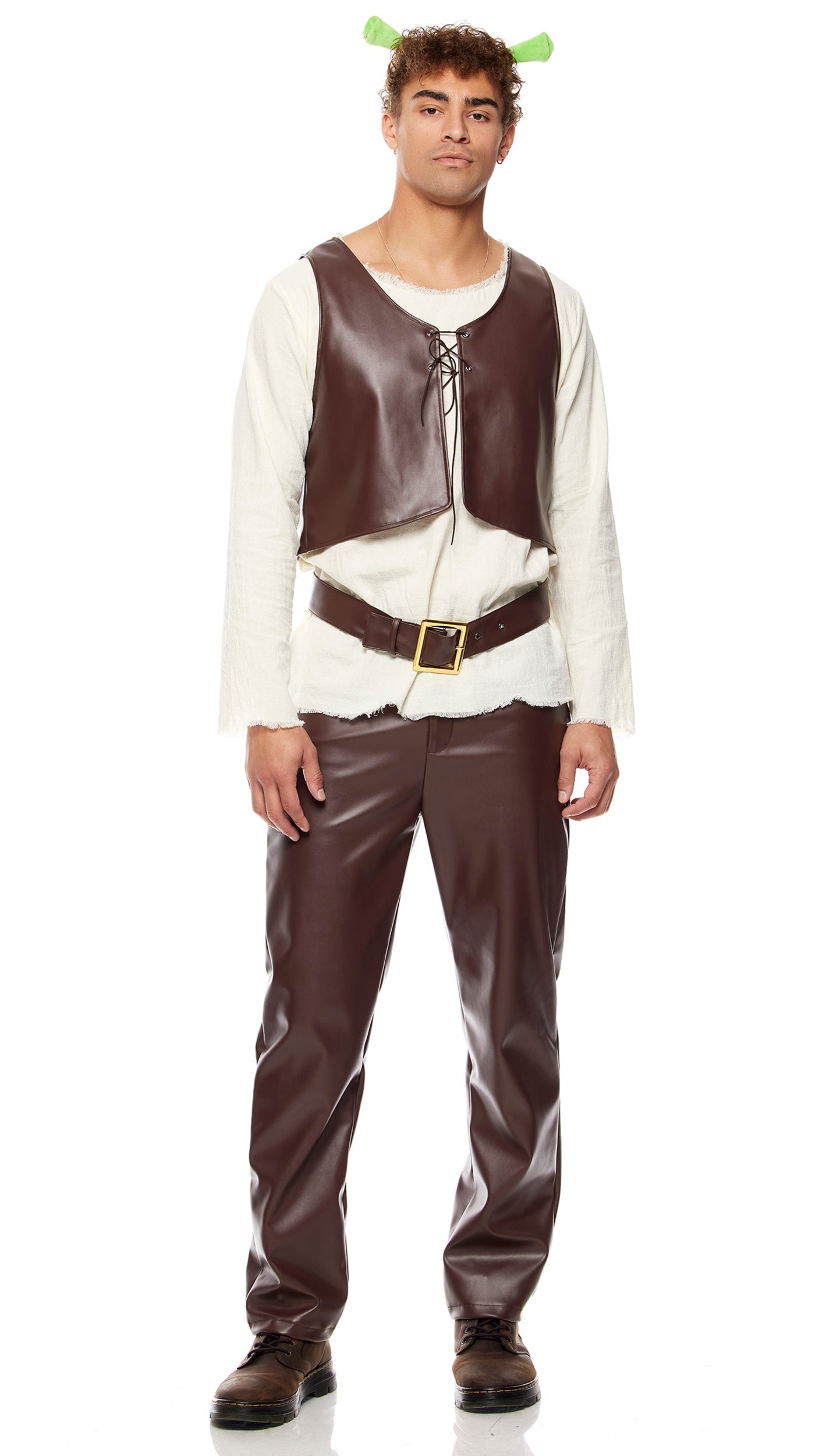 Swamp King Movie Character Costume featuring a tunic, faux leather vest with lace-up, matching pants, belt, and an ogre ear headband.
