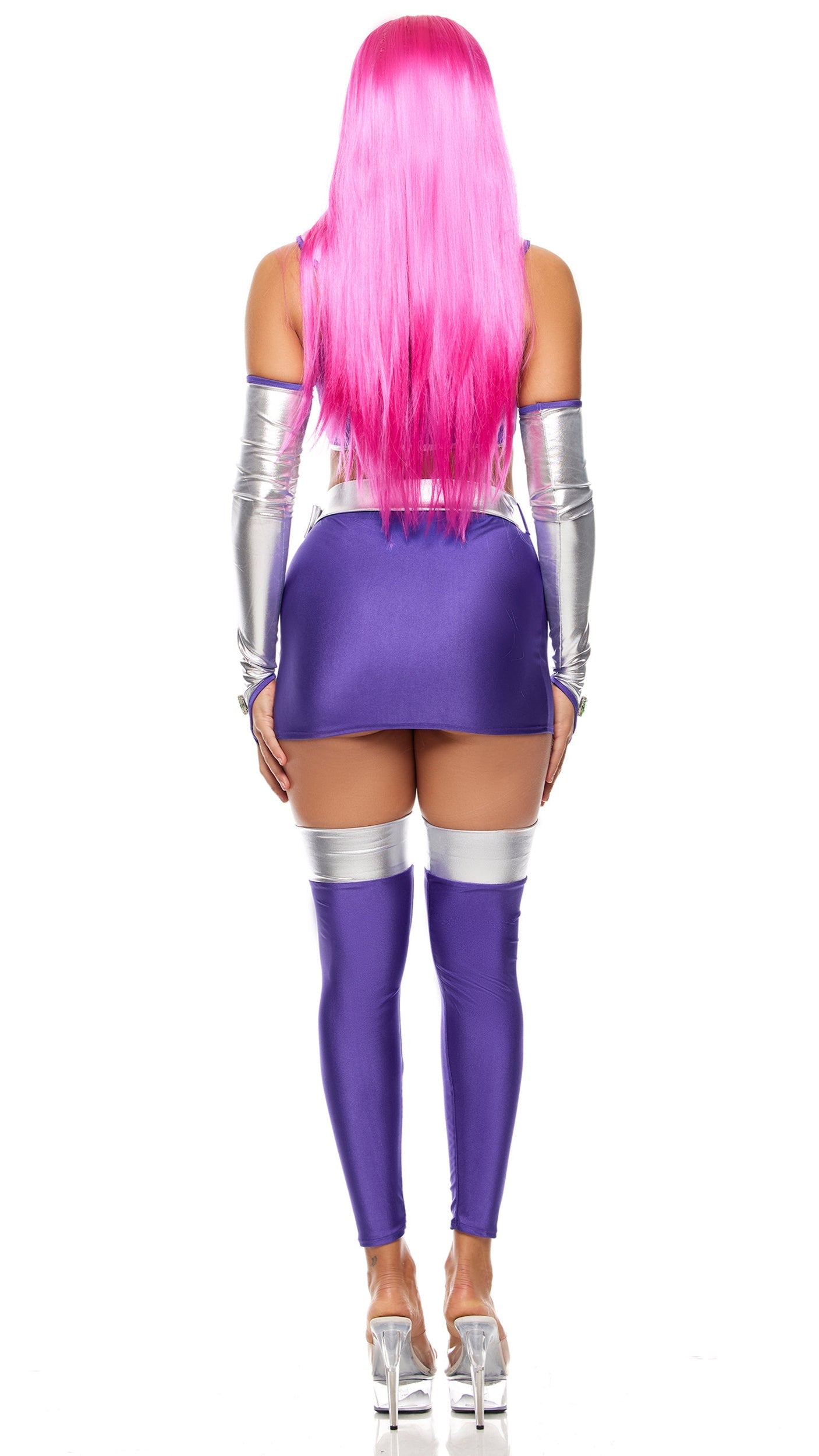 Star Princess Comic Book Character Costume featuring metallic crop top, mini skirt, belt, leg accessories, and gloves with gem details, inspired by comic book aesthetics.