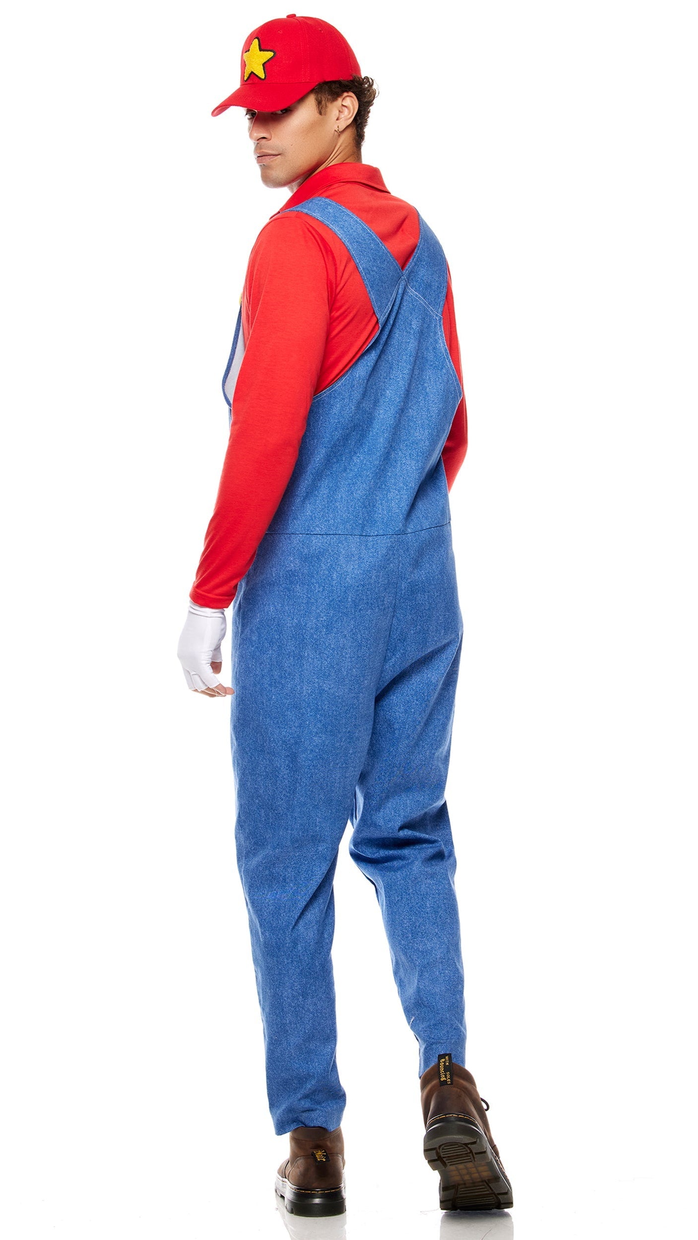Power Up Men's Video Game Character Costume featuring a star patch hat, button overalls, long sleeve shirt, and fingerless gloves.
