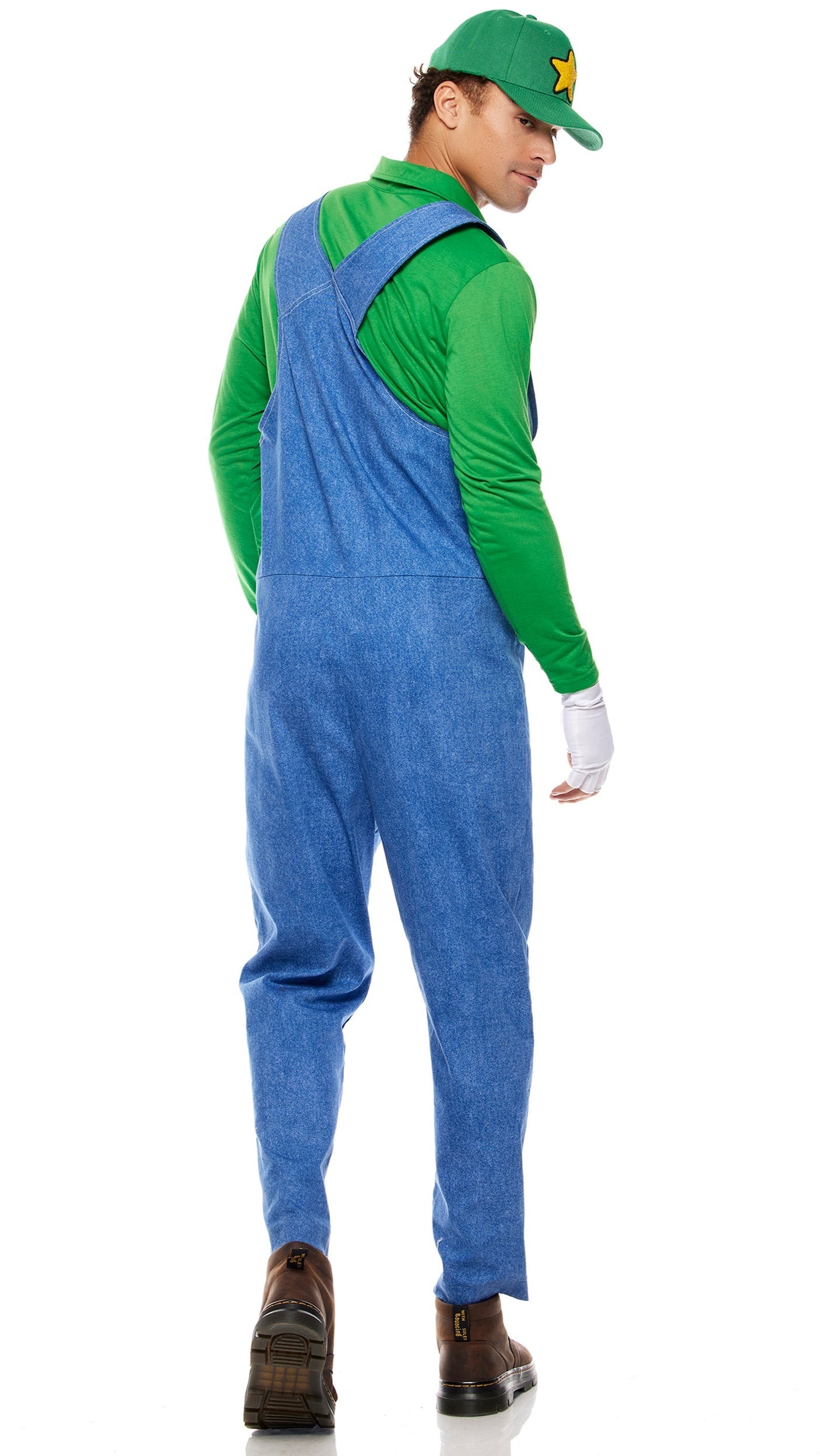Close-up of Game Over Men's Video Game Character Costume, showcasing the detailed star patch hat and sturdy work boots, highlighting the costume's authenticity and craftsmanship.