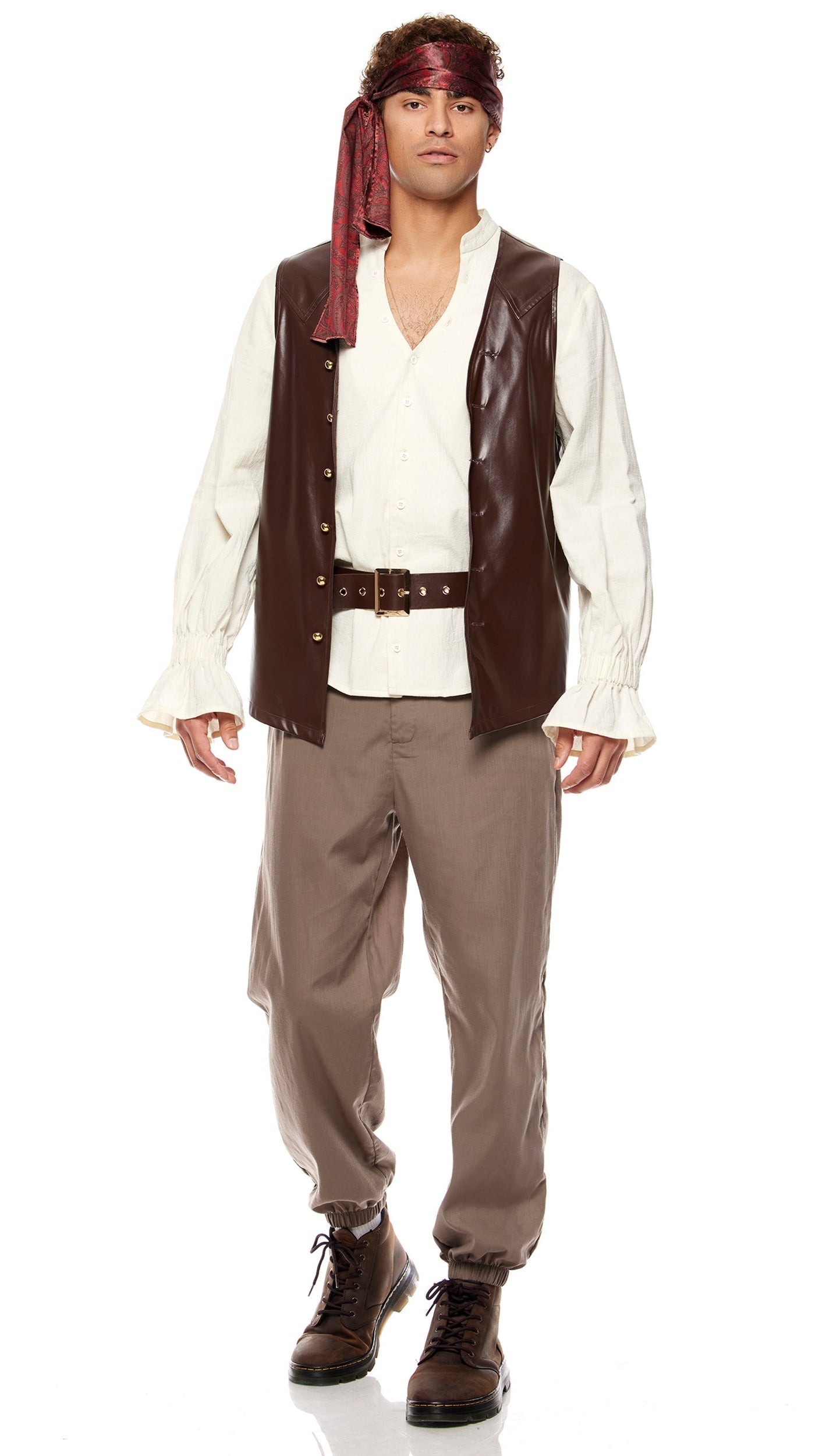 Close-up of the Sailing Seas Men's Pirate Costume, highlighting the peasant-style shirt, faux leather vest, jogger pants, and paisley headscarf worn by a standing man.