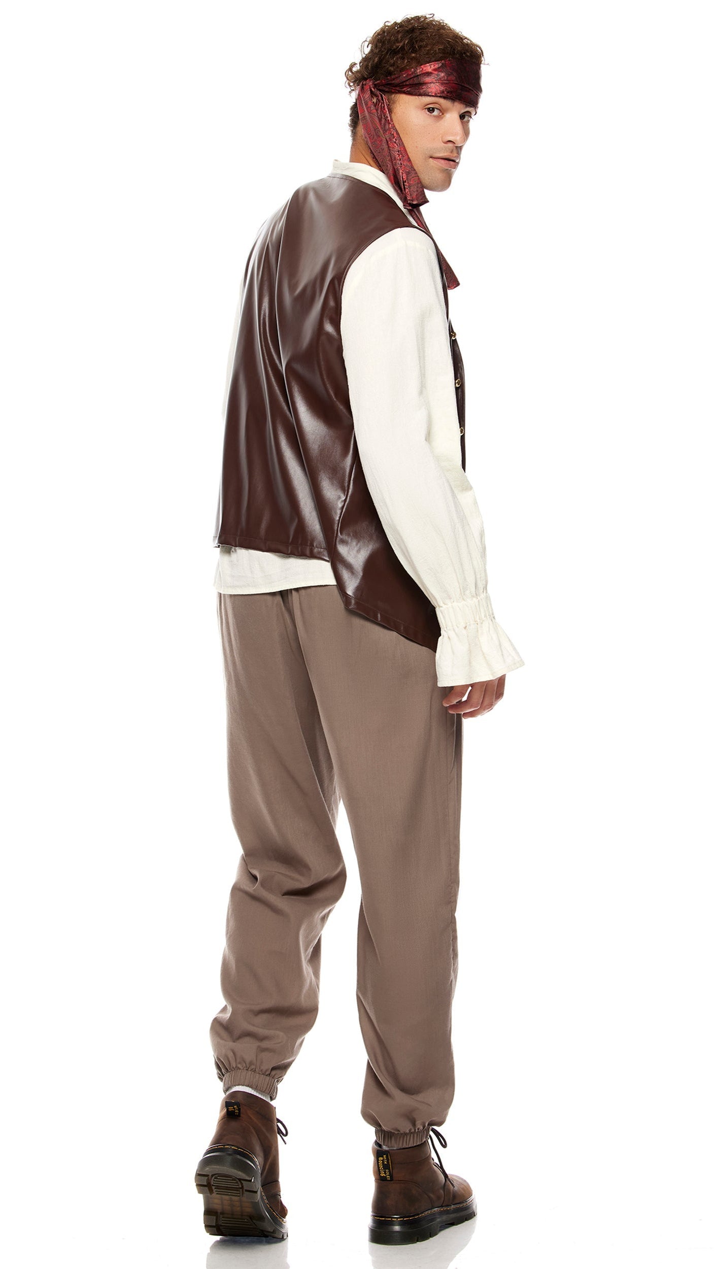 Close-up of Sailing Seas Men's Pirate Costume showcasing boots, a bandana-clad man, and detailed boot, emphasizing the ensemble's authentic pirate style.