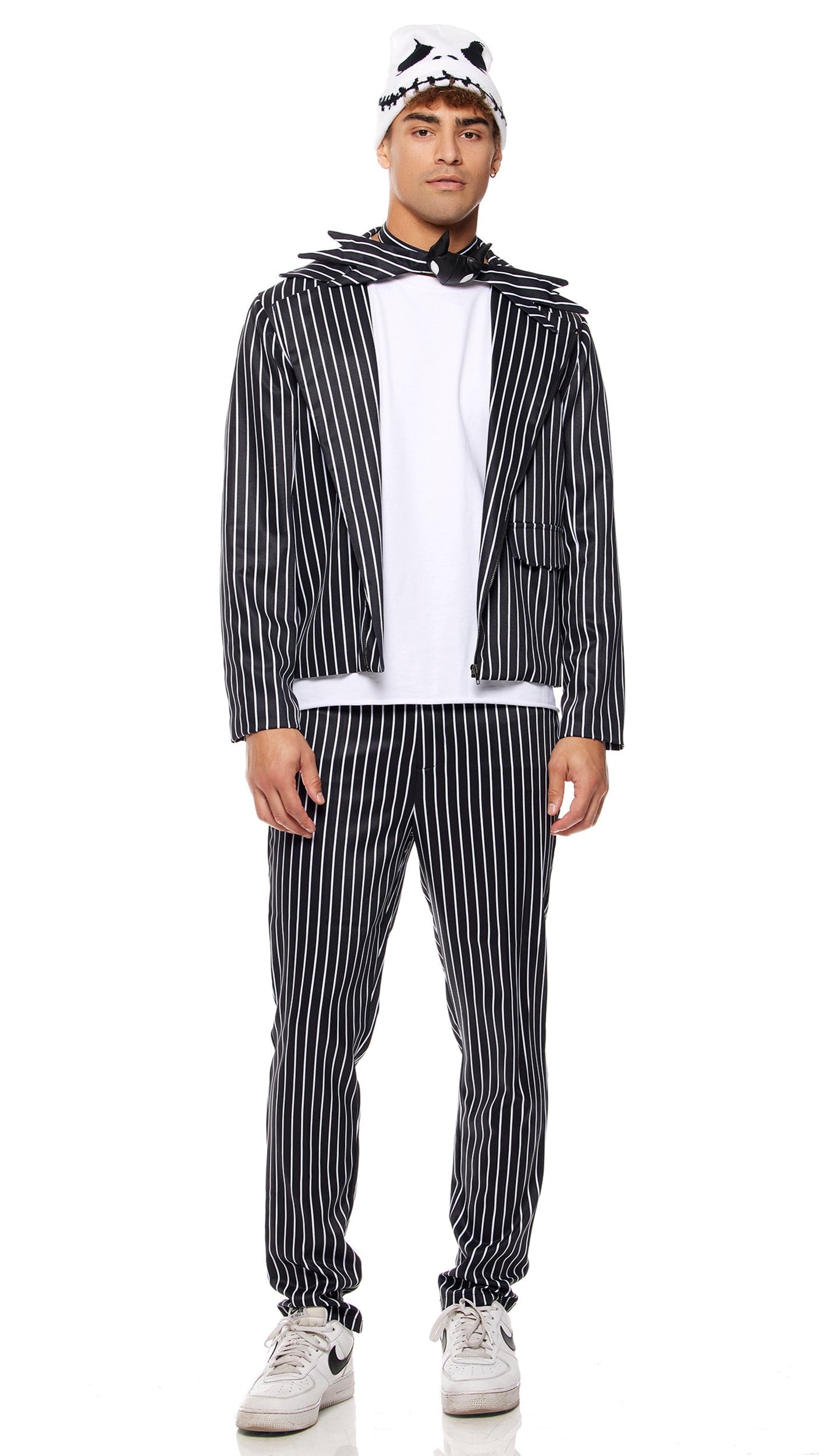 Close-up of the Pumpkin King Men's Movie Character Costume, featuring a pinstripe lapel jacket, matching pants, bat winged choker, and skeleton face beanie.