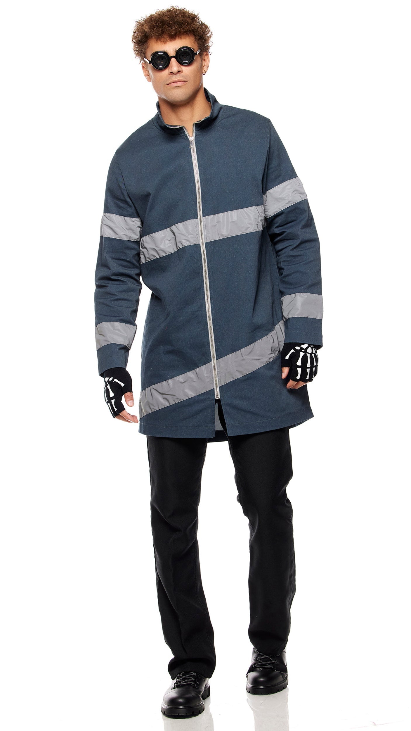 Close-up of the Other Friend Movie Character Costume, highlighting the zip-front jacket with contrast stripes and skeleton bone knit fingerless gloves.