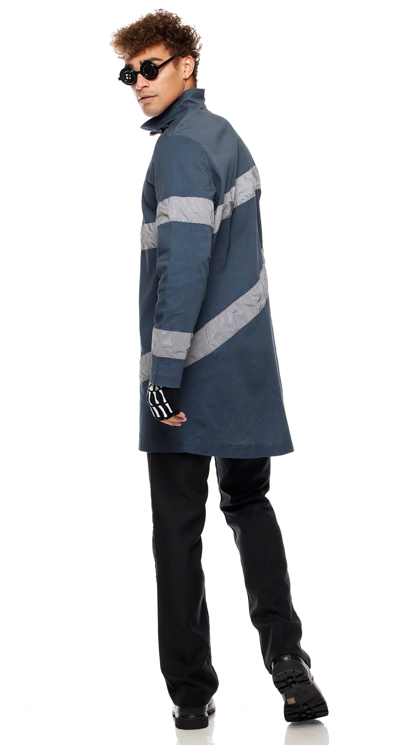 Other Friend Movie Character Costume showcasing a zip-front jacket with contrast stripes, skeleton bone knit fingerless gloves, and button glasses, focusing on the jacket's sleeve and glove details.