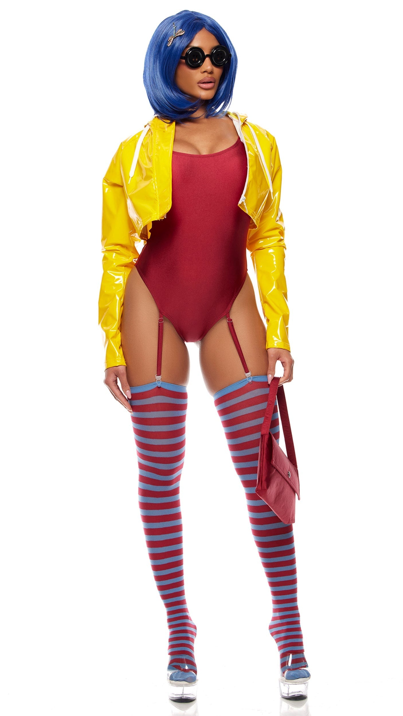 Other Daughter Movie Character Costume featuring bodysuit with garters, vinyl cropped hooded jacket, striped thigh-high socks, dragonfly hair clip, snap button bag, and button glasses.