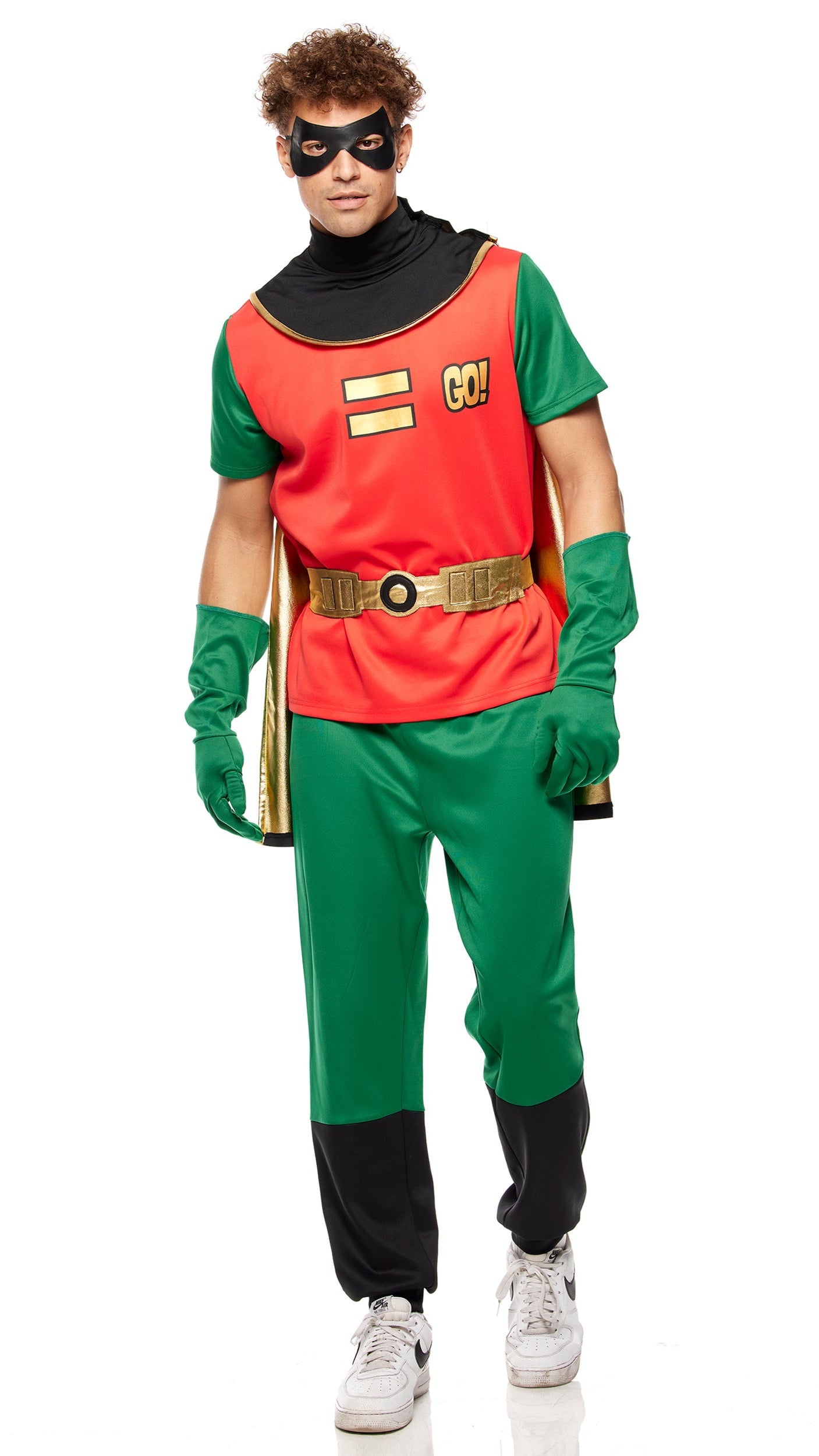 Man wearing Titan Leader Comic Book Character Costume, featuring short sleeve shirt with Go! print, jogger pants, cape, gloves, and eye mask. Close-up of footwear included.