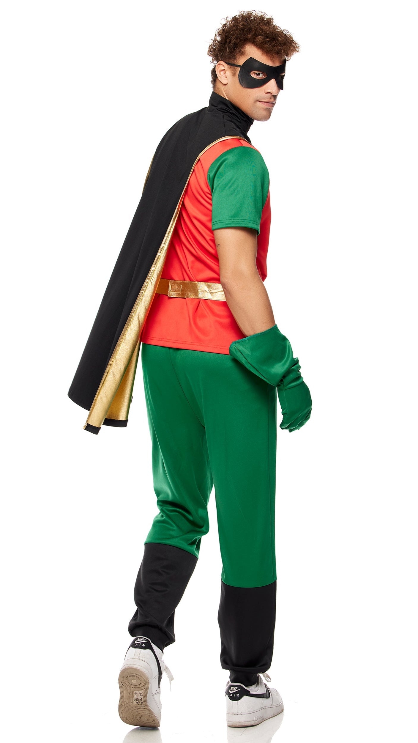 Man wearing Titan Leader Comic Book Character Costume with Go! print shirt, color blocked jogger pants, cape, gloves, and eye mask.