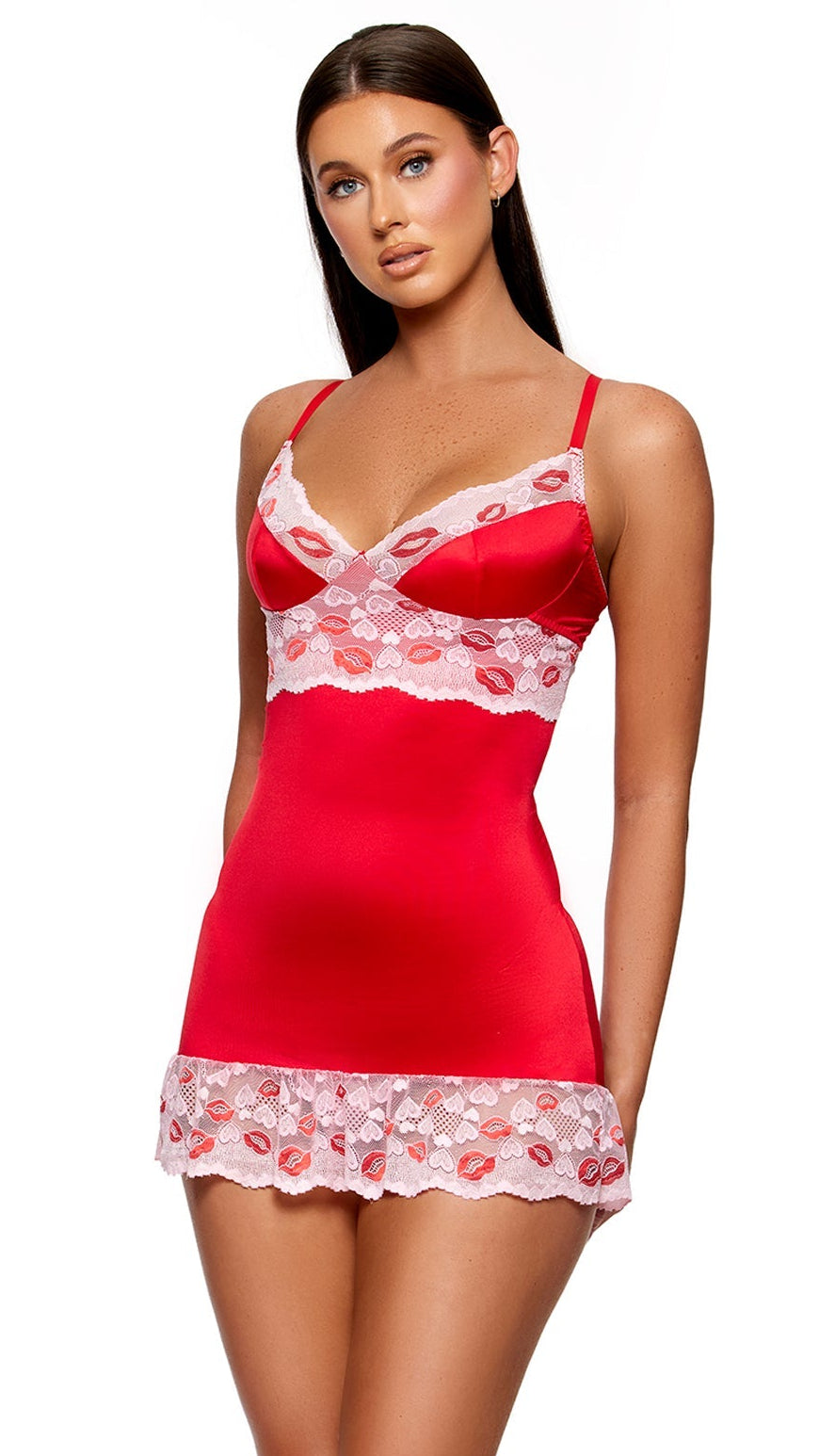 Lips Like Butter Lace Contrast Satin Chemise Set