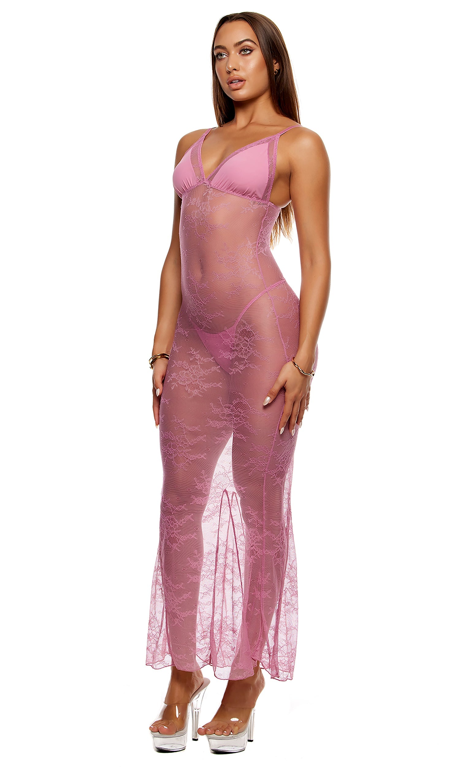 Take It Easy Lounge Lace Nightgown Lingerie Set - Mauve