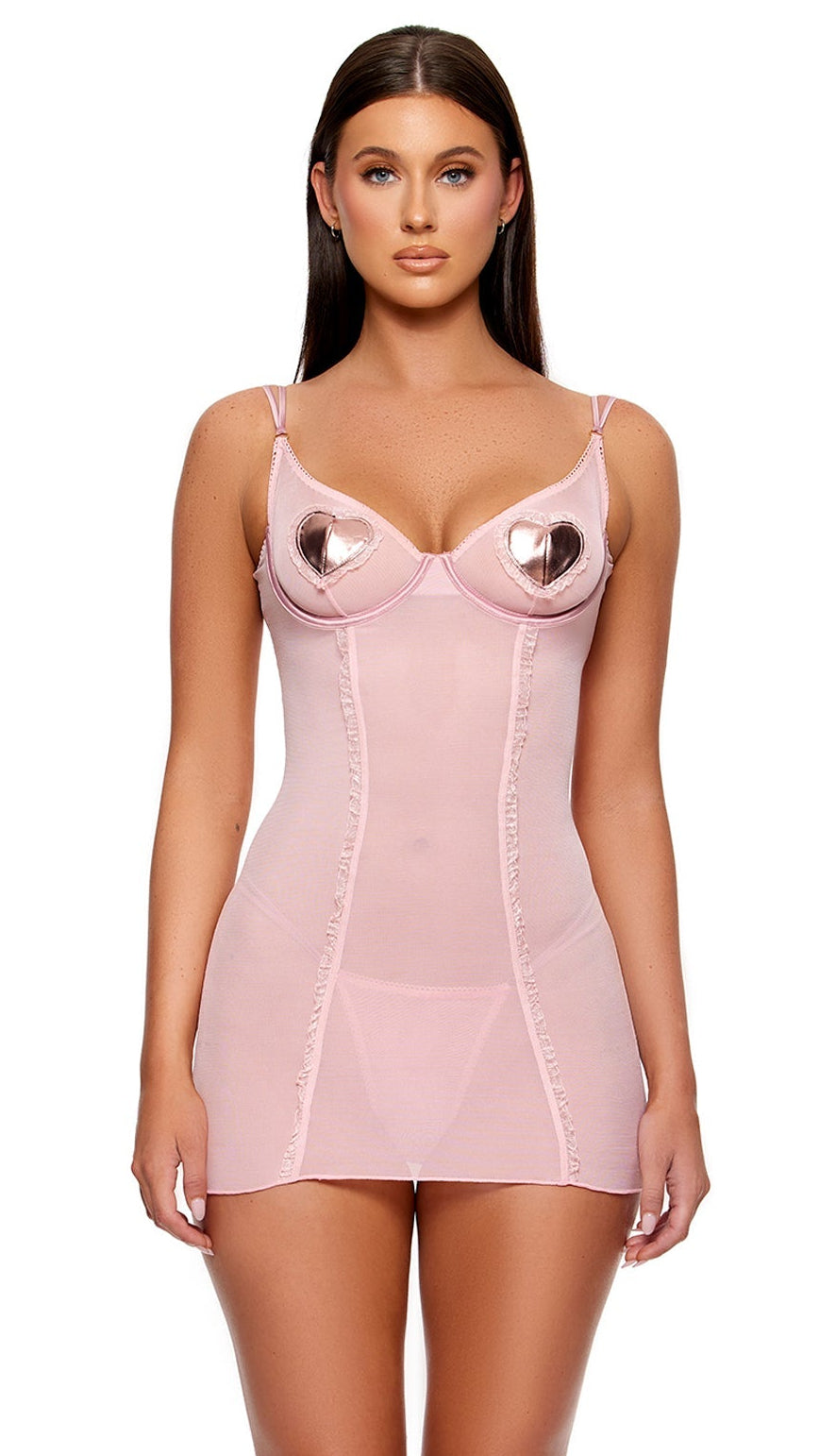 Heart of Metals Metallic Contrast Sheer Chemise Set features a semi-sheer mesh chemise with underwire cups, shiny heart-shaped patches, ruffle trim, and clear high-platform heels, worn by a woman in a full-body shot.