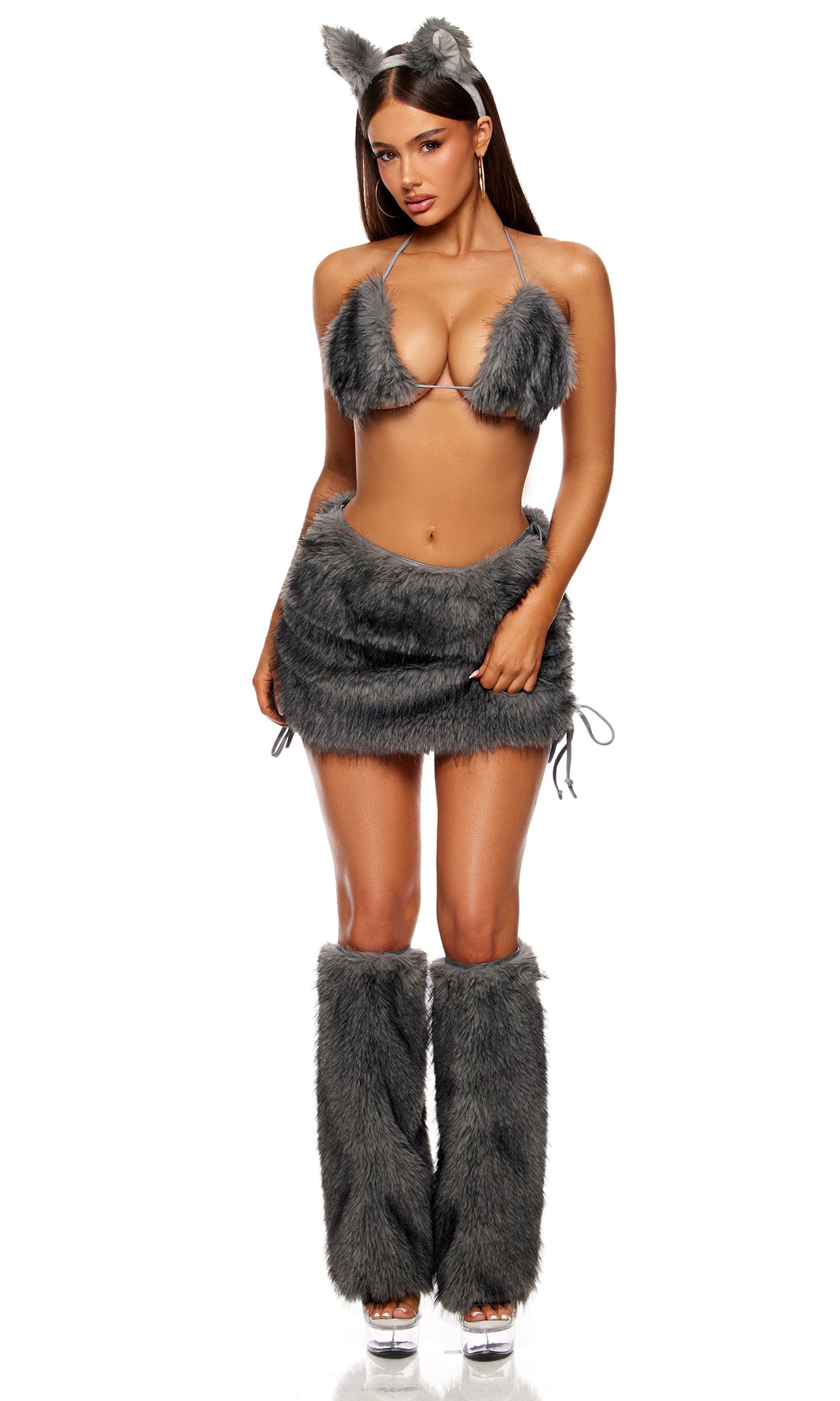 Dark gray faux fur bunny costume: fuzzy bra, mini skirt, and long leg boot covers