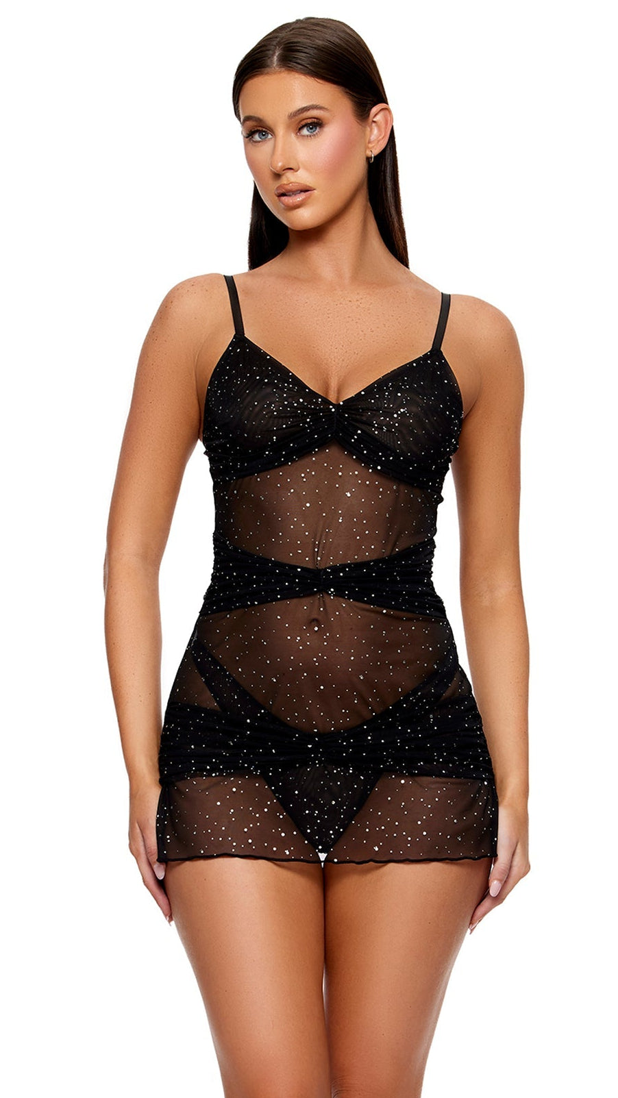 Private Party Foil Dot Mesh Chemise and Thong Set features a sheer mini-dress with sparkly dots, ruched panels, adjustable straps, and ruffled hem, complemented by a matching thong.
