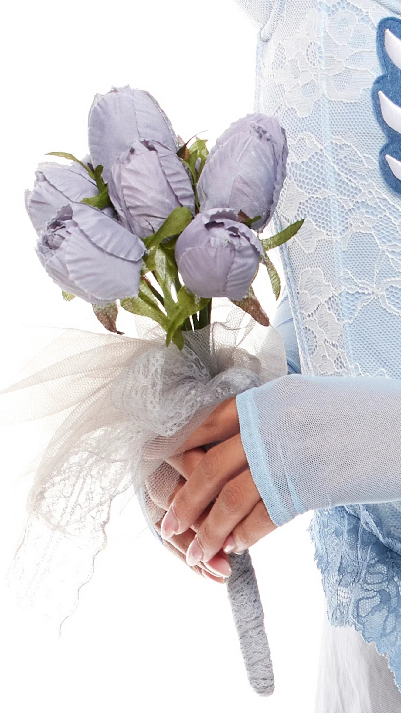 Person holding Faux Flower Bouquet with tulle bow, featuring cut flowers arranged in a floral design.