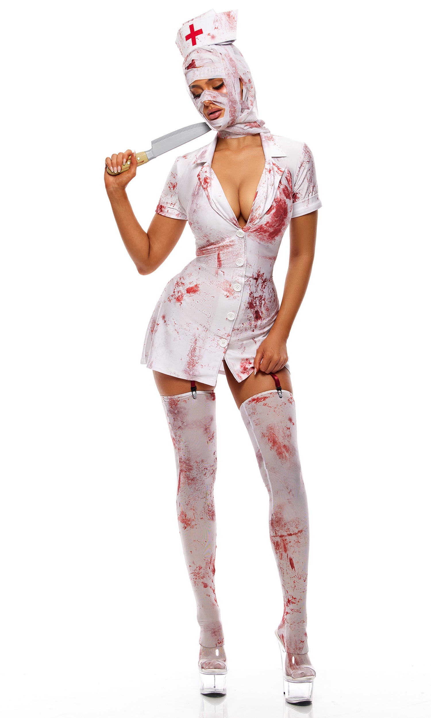 Blood Splatter Bubble Head Nurse Halloween Costume with Bloody Stockings