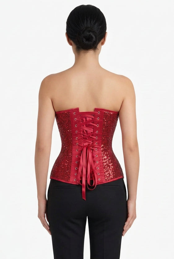 Red sequin overbust corset with lace-up front and bow ribbon detail
