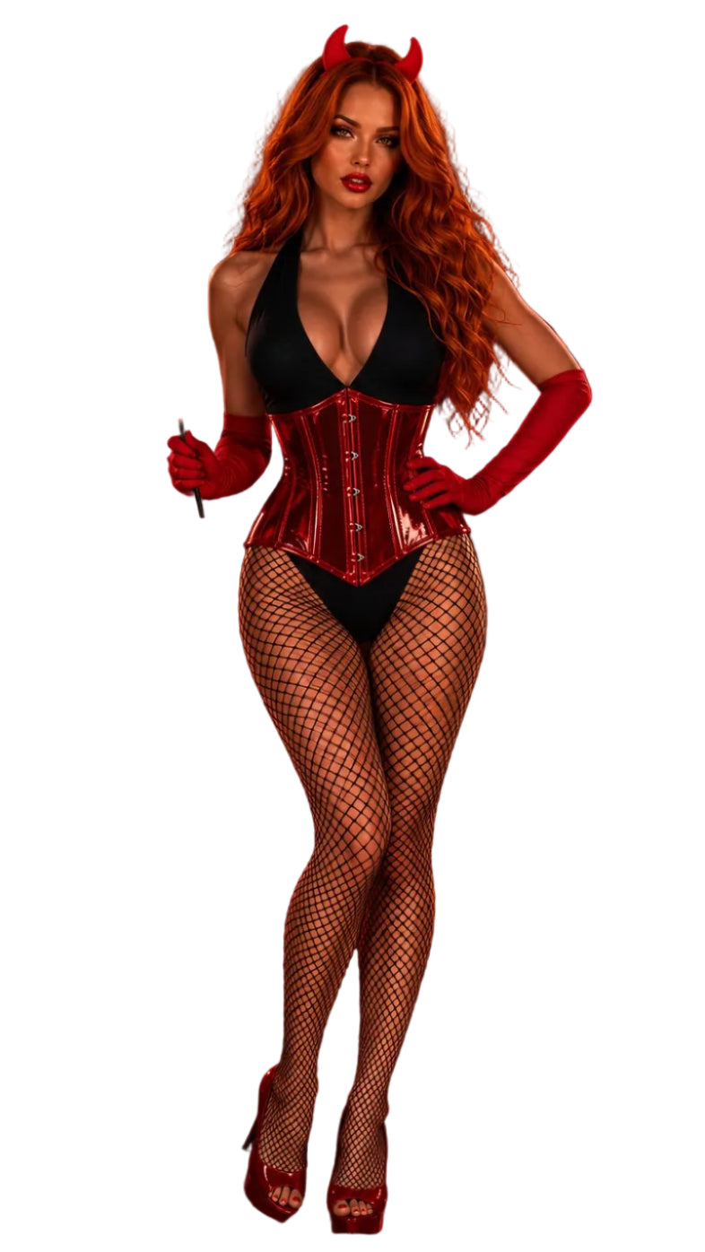 Red devil corset with matching gloves and fishnet stockings