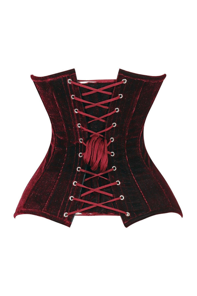 Lavish Dark Red Velvet Overbust Corset features a sweetheart neckline and busk closure, with shimmering velvet, metal eyelets, and red laces for adjustable, dramatic hourglass shaping.