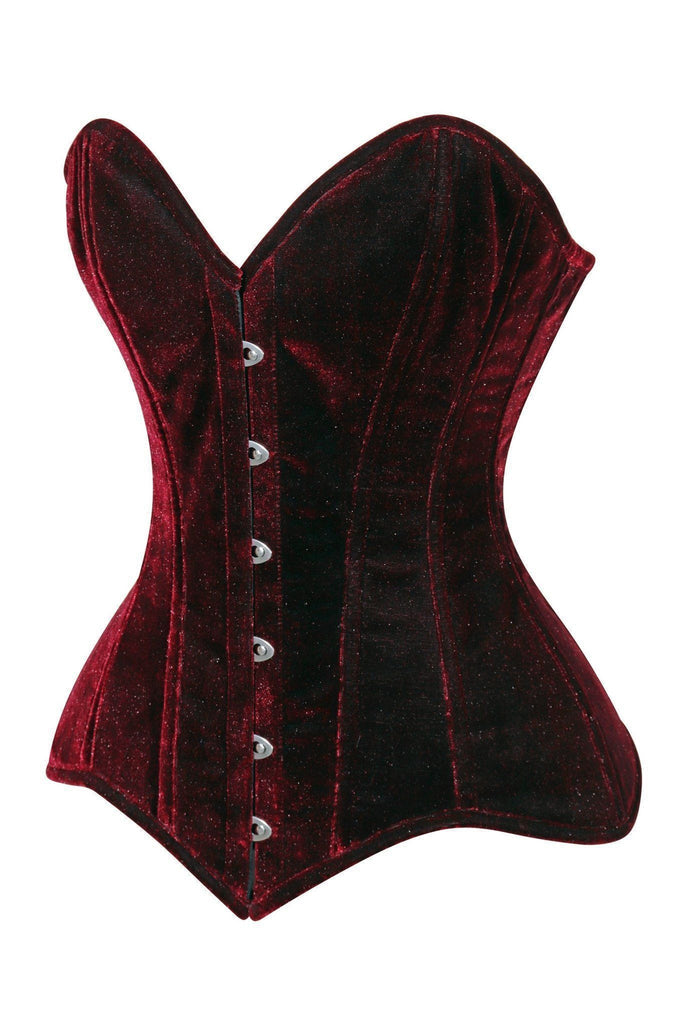 Lavish Dark Red Velvet Overbust Corset with Sweetheart Neckline and Busk Closure, featuring structured boning and lace-up back for adjustable fit, elegantly sculpts the waist with luxurious velvet fabric.