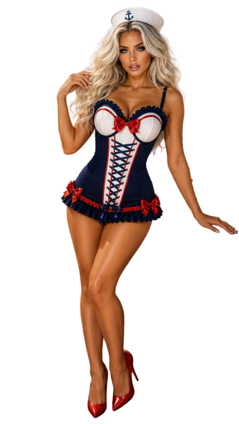 Navy corset costume with white sweetheart cups, red trim, lace-up front and ruffled shorts