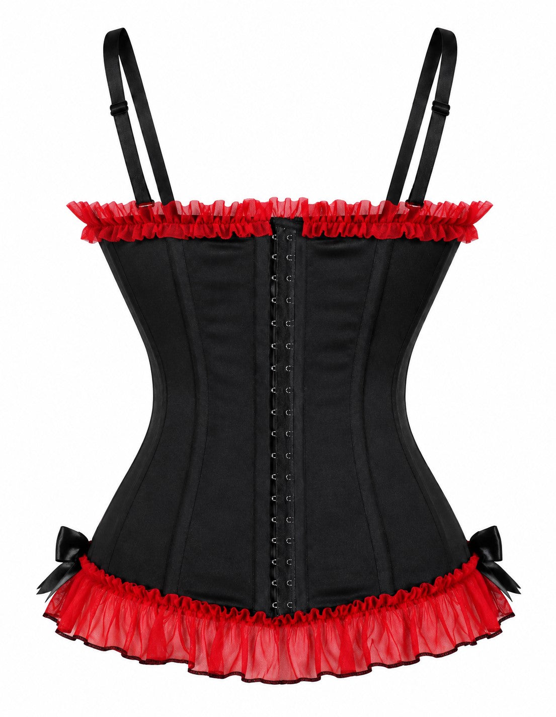 Black corset with red off-shoulder ruffle trim, eyelet lacing center, red ruffled skirt hem