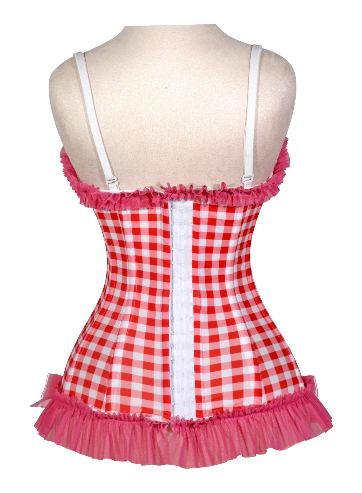 Red gingham corset back with white straps and pink ruffled neckline and hem
