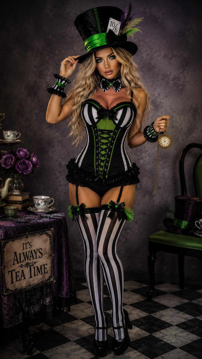 Gothic corset costume with black, white, and green stripes, mini skirt, and striped stockings