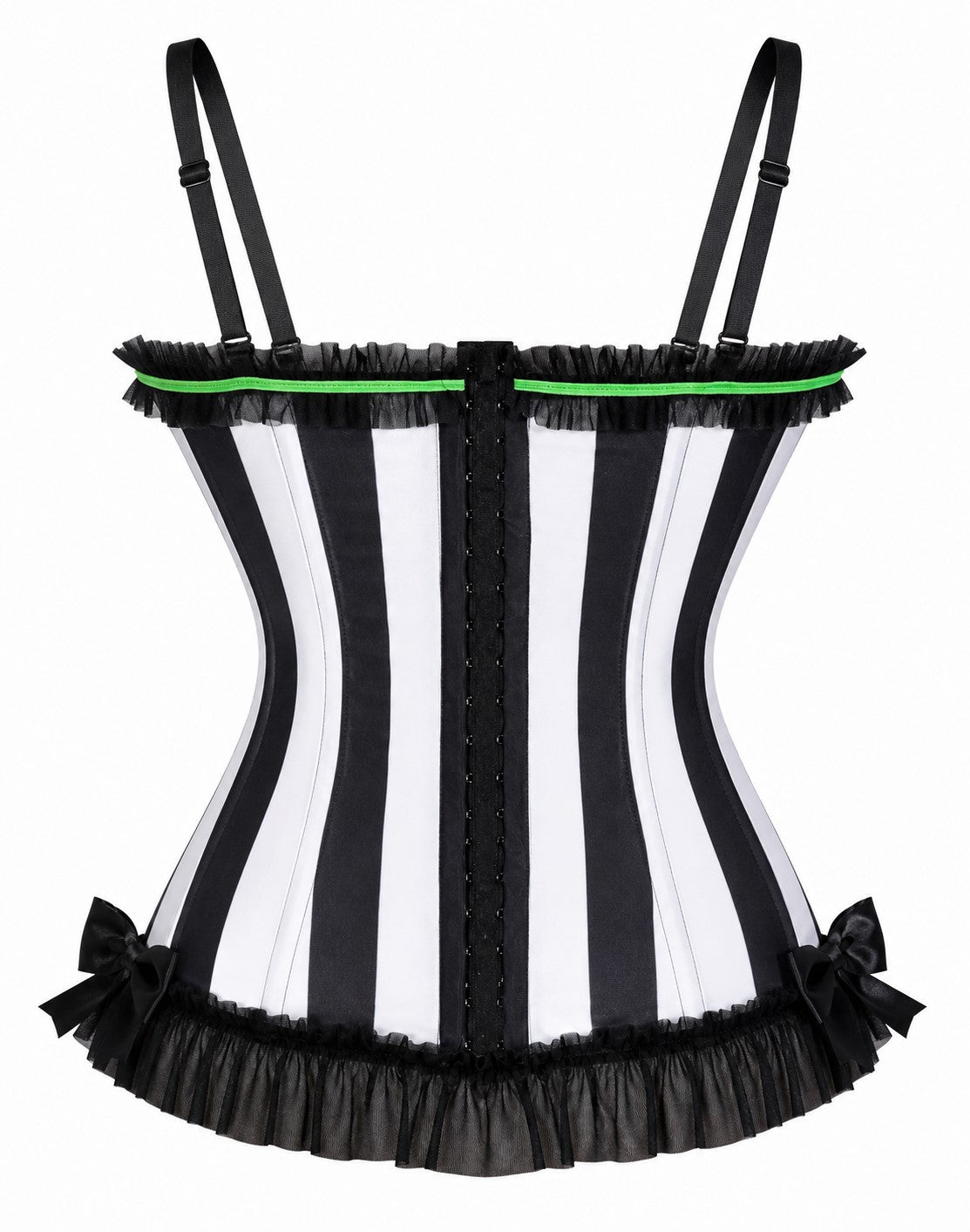 Black-and-white striped corset with green trim, lace front, ruffle hem, and shoulder straps