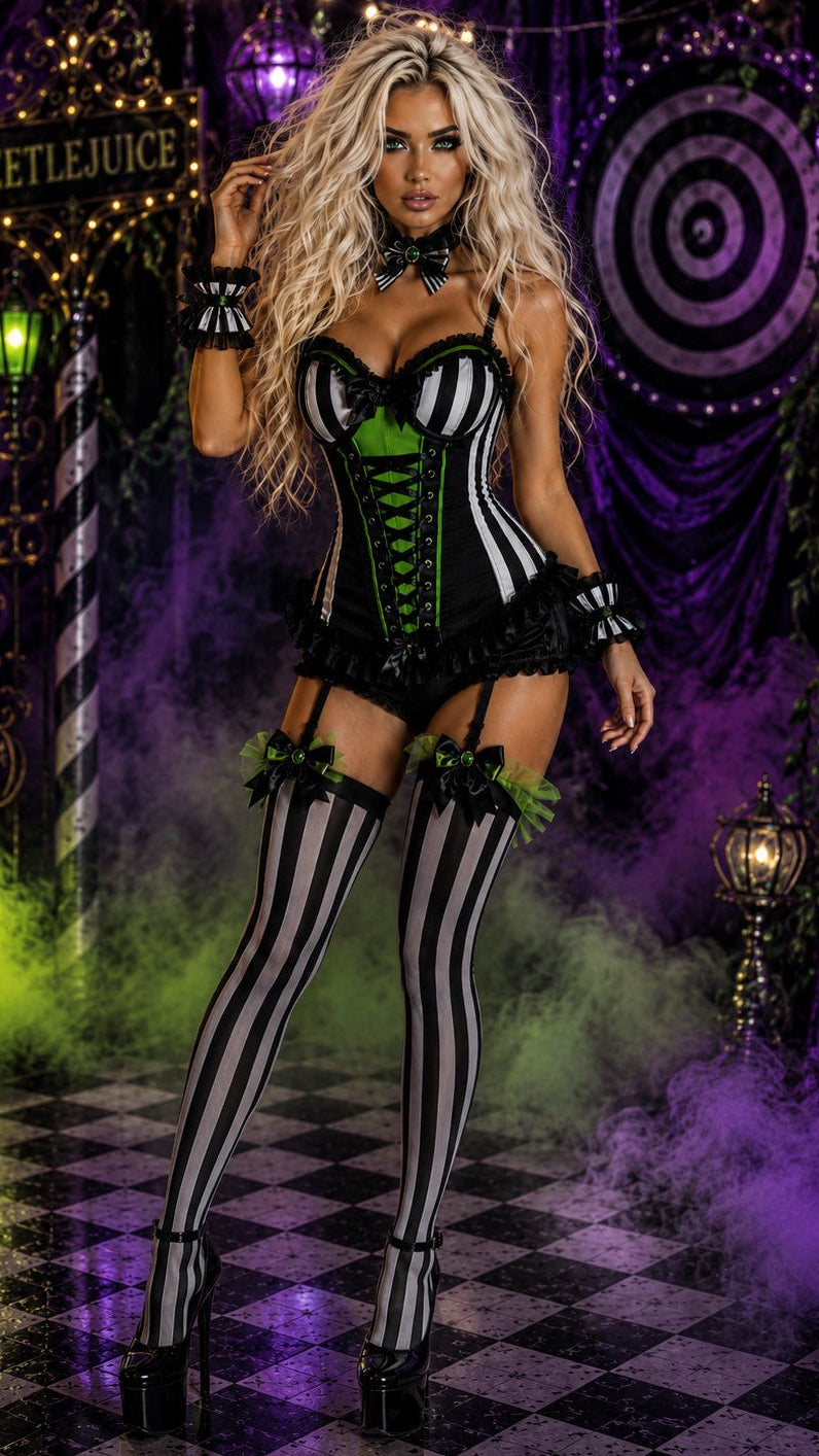 Black, white, and green striped corset costume with short ruffled skirt and thigh-highs