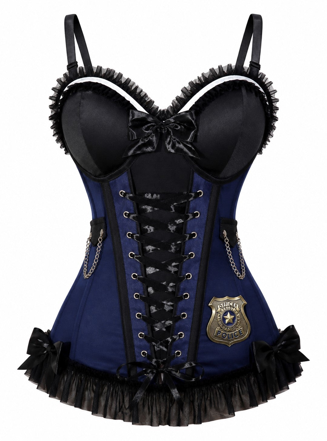 Navy officer corset with black lace-up front, heart-bow bust cups, ruffled hem