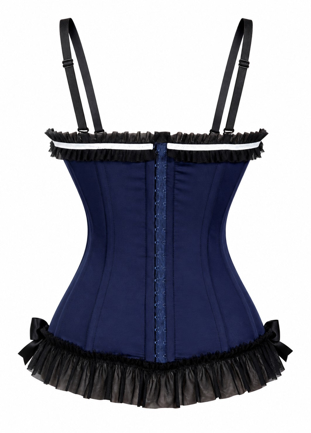 Back view of navy corset with black lace-up detailing and ruffled mini skirt hem