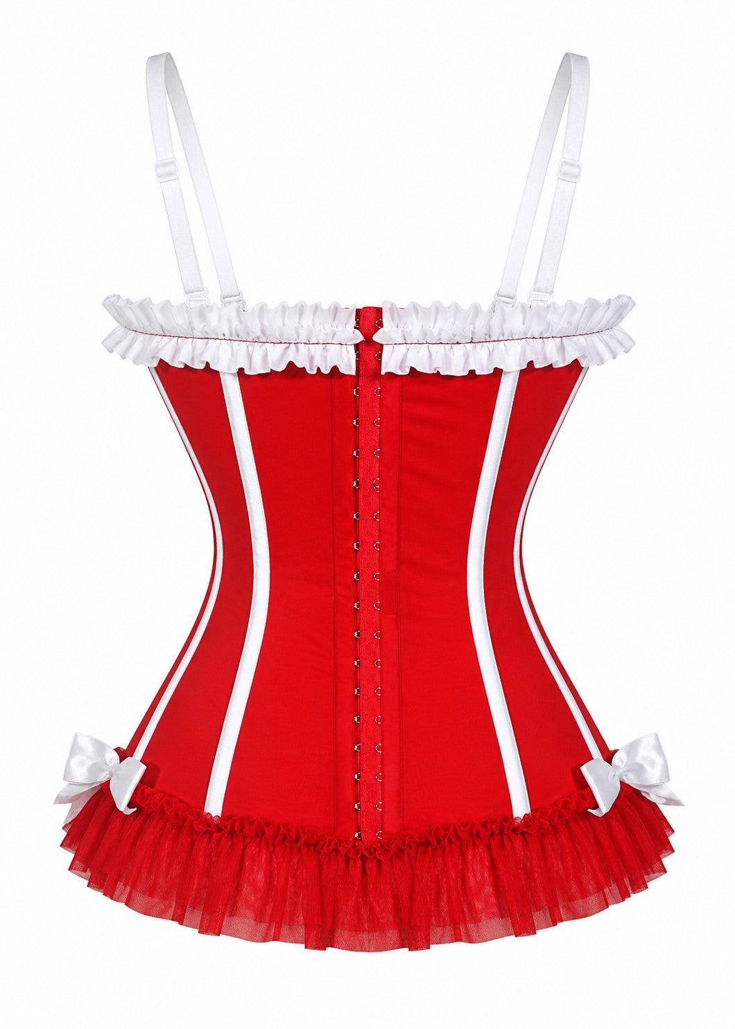 Red and white striped corset dress back with ruffled trim, adjustable straps, and short tulle skirt.