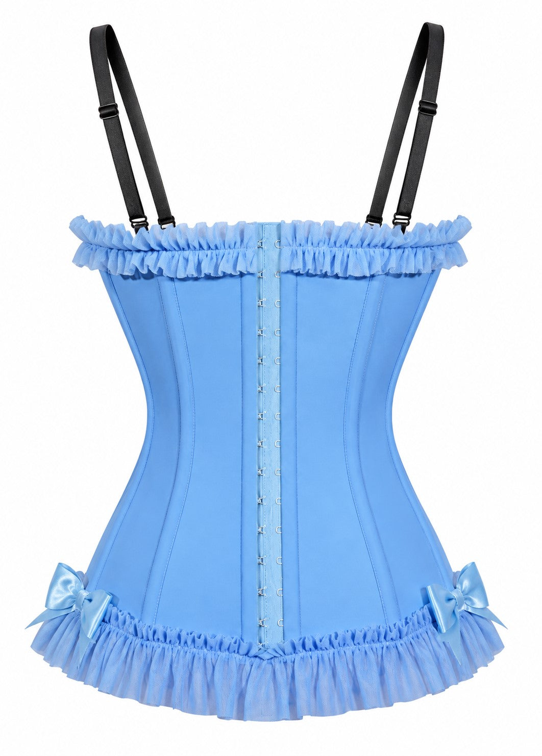 Light blue corset top with lace-up center, off-shoulder ruffle hem, adjustable straps
