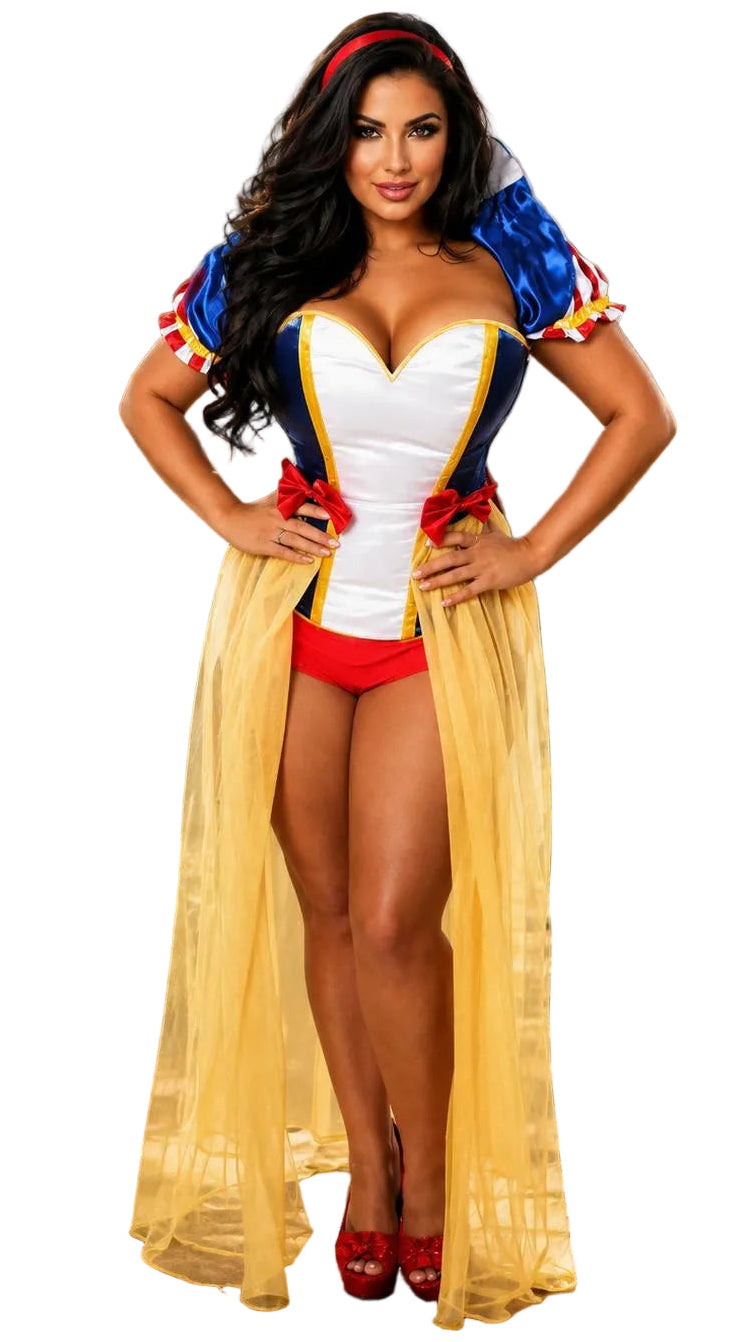 4-piece snow princess costume with white corset, blue off-shoulder sleeves, gold tulle skirt