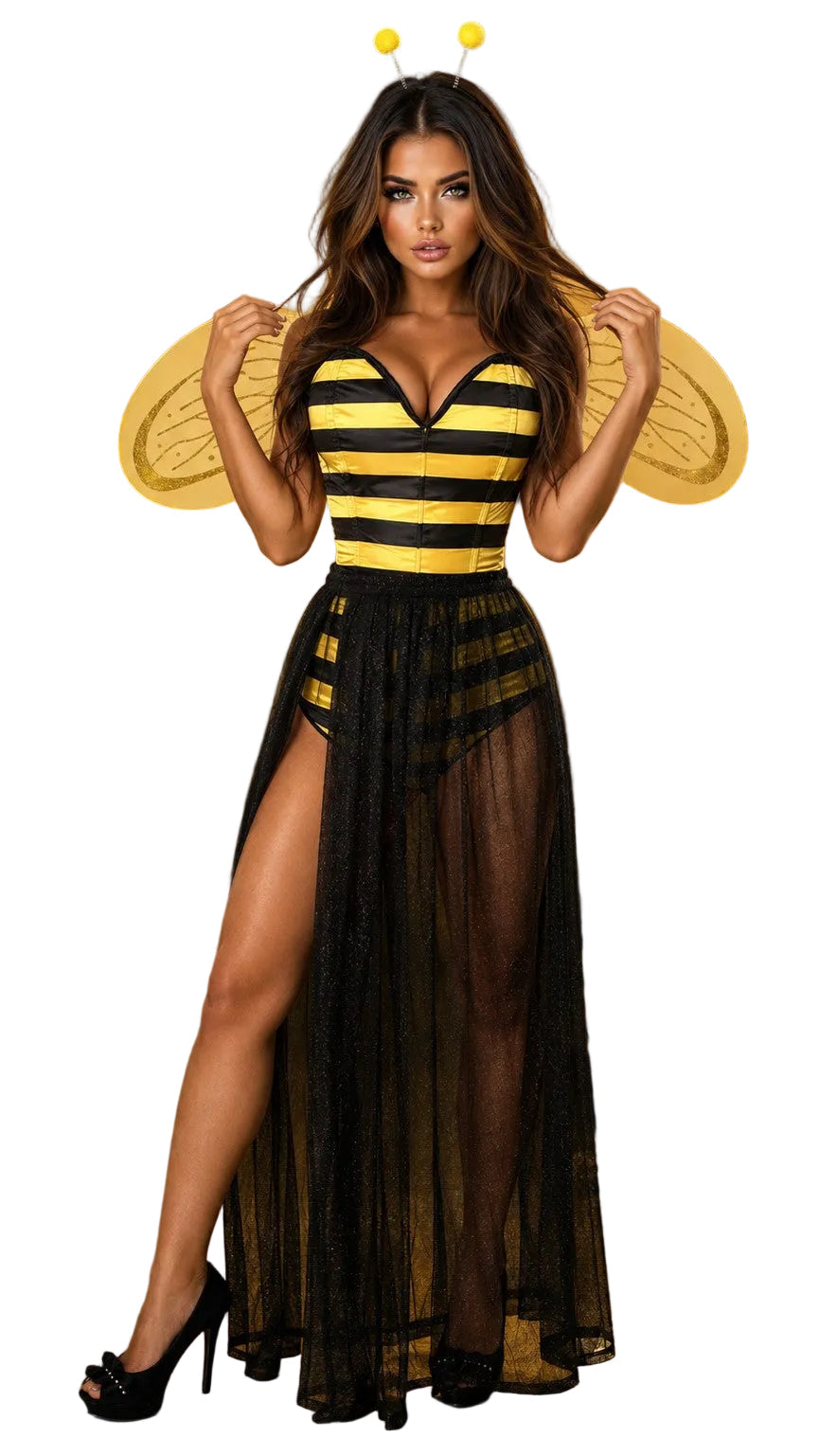Black and yellow striped corset with sheer long skirt and yellow antenna headband