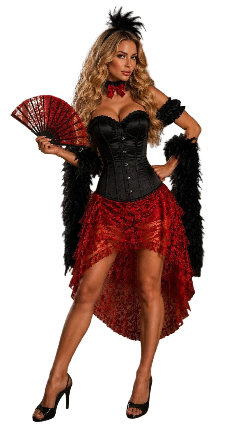 Women's black corset and red tiered skirt costume with feather trim and fan