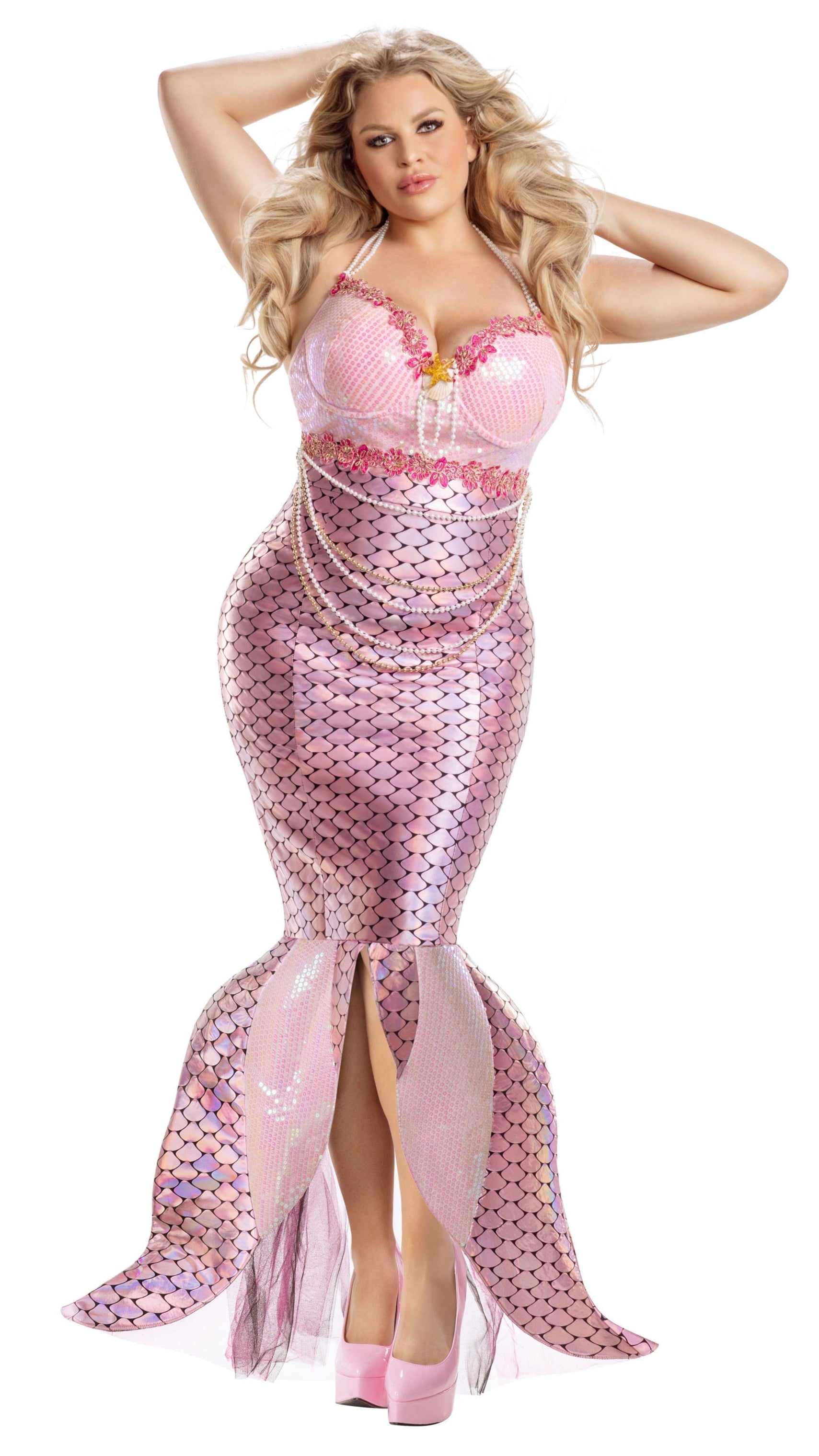 Plus Size Blushing Beauty Mermaid dress with sequin embroidery, faux-pearls, and shell accents worn by a model, showcasing its elegant, figure-hugging design.